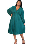 Plus Size Shimmer Pleated V Neck Empire Waist Bishop Sleeve Midi Dress
