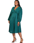 Plus Size Shimmer Pleated V Neck Empire Waist Bishop Sleeve Midi Dress