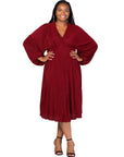 Plus Size Shimmer Pleated V Neck Empire Waist Bishop Sleeve Midi Dress