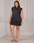 Plus Size Ruffle Cap Sleeve High Neck Pleated Tiered Mini Dress