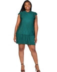 Plus Size Ruffle Cap Sleeve High Neck Pleated Tiered Mini Dress
