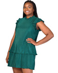 Plus Size Ruffle Cap Sleeve High Neck Pleated Tiered Mini Dress