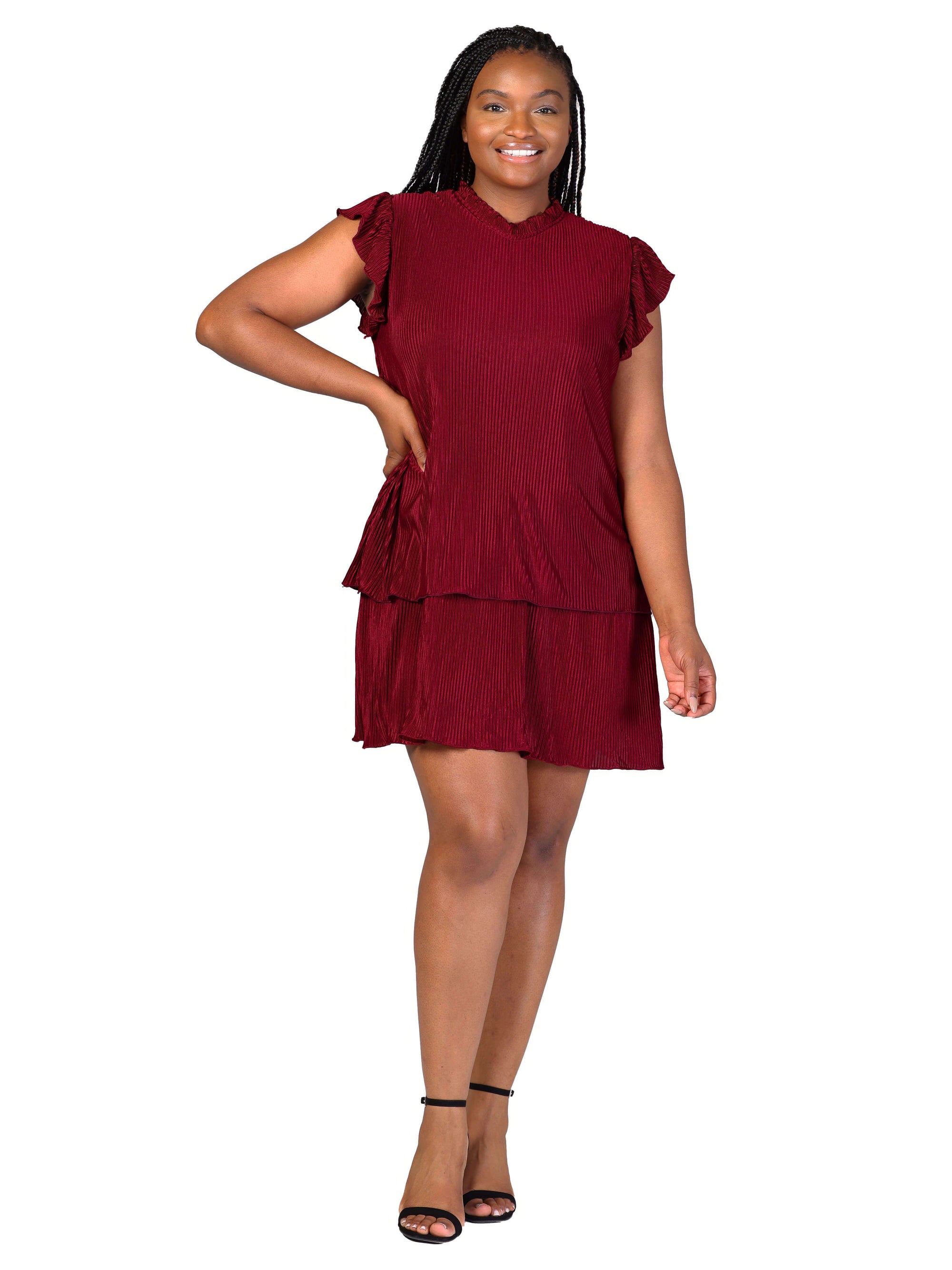 Plus Size Ruffle Cap Sleeve High Neck Pleated Tiered Mini Dress