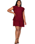 Plus Size Ruffle Cap Sleeve High Neck Pleated Tiered Mini Dress
