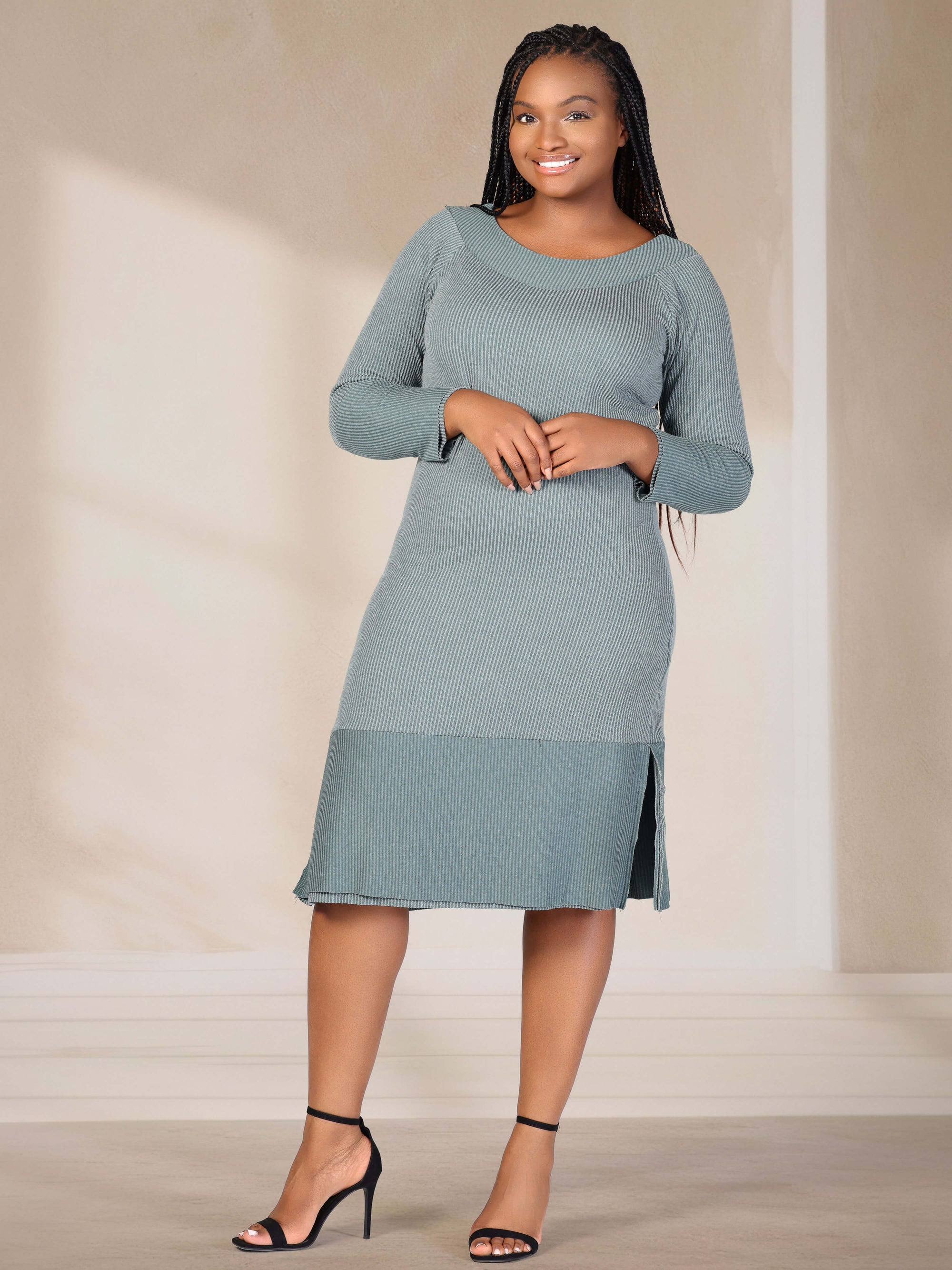 Plus Size Ribbed Knit Long Sleeve Split Hem Sweater Dress