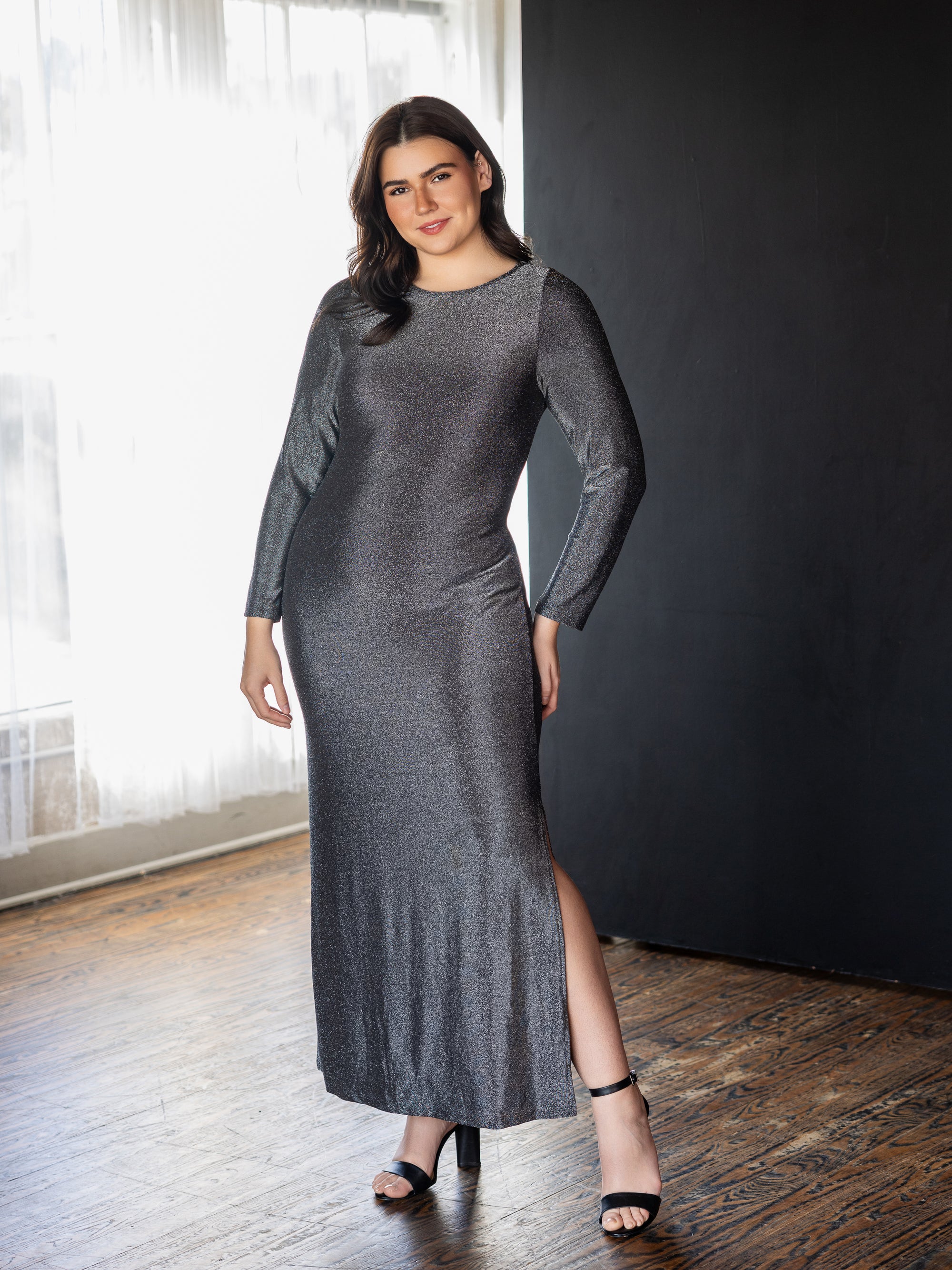 Plus Size Fitted Long Sleeve Shimmery Fabric Side Slit Maxi Dress