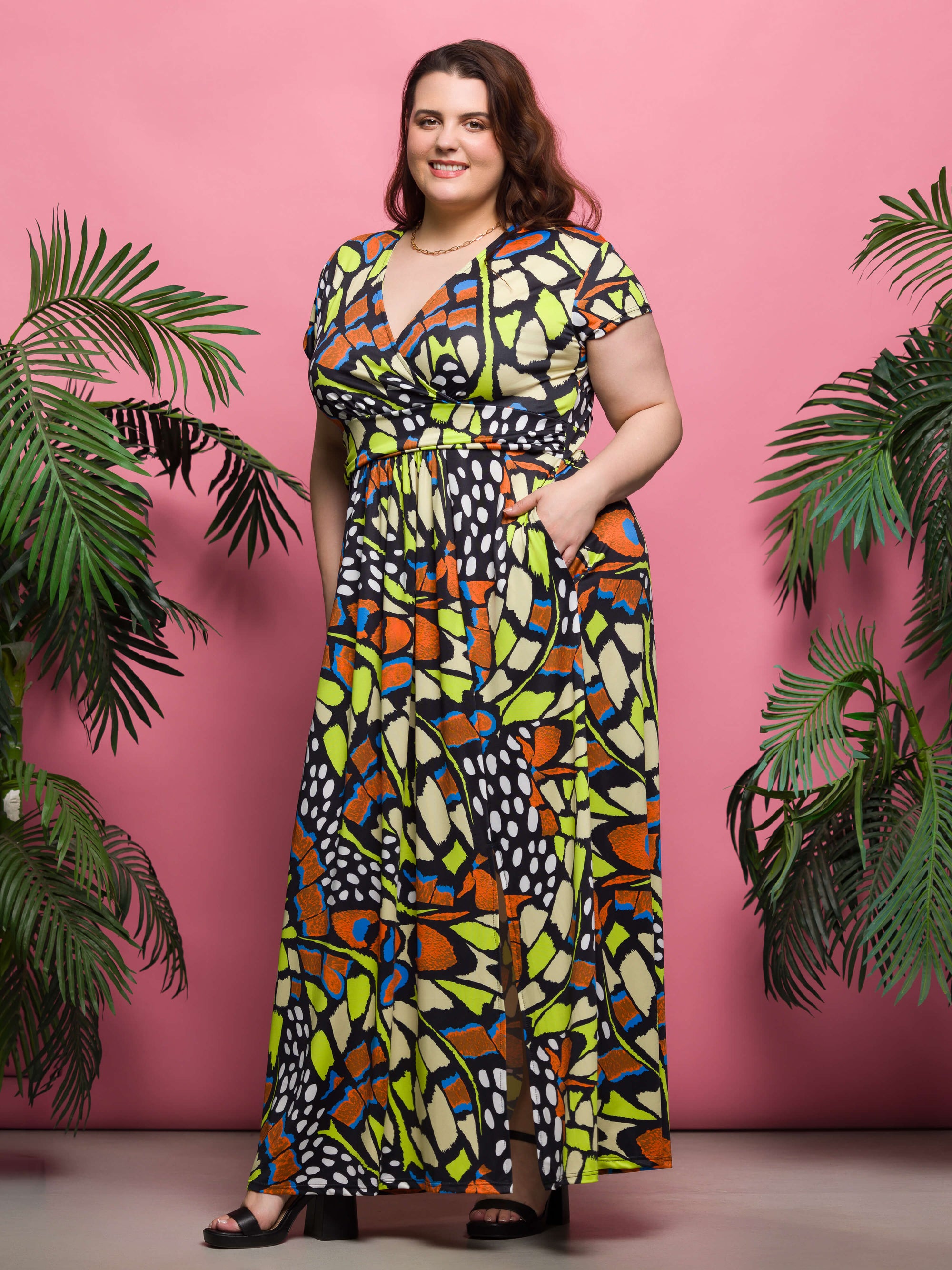 24seven Comfort Apparel Plus Size Butterfly Print Cap Sleeve V Neck Side Slit Pocket Maxi Dress