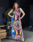 24seven Comfort Apparel Plus Size Geometric Floral Print Sleeveless Side Slit Maxi Dress