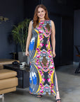 24seven Comfort Apparel Plus Size Geometric Floral Print Sleeveless Side Slit Maxi Dress