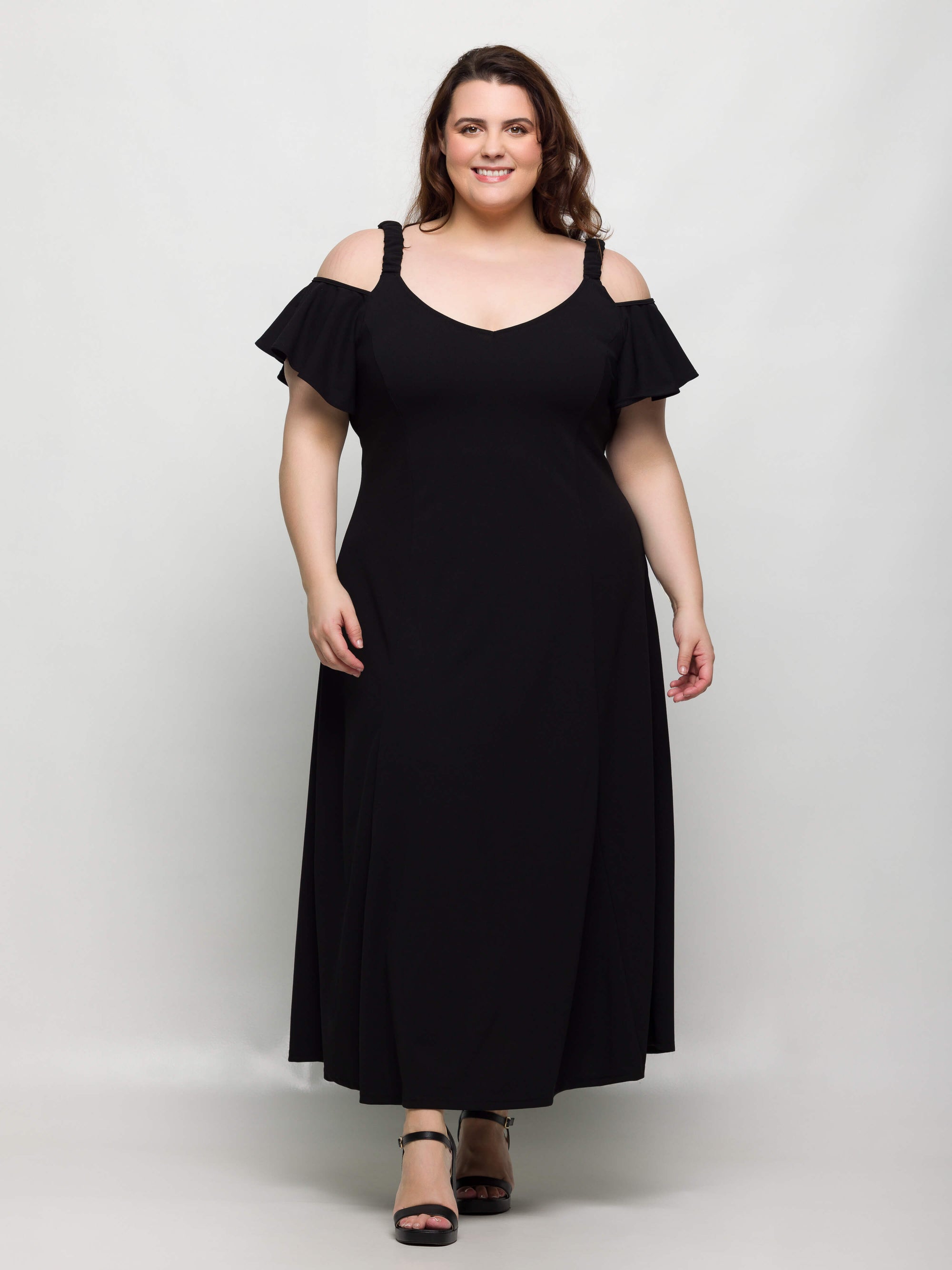 24seven Comfort Apparel Plus Size Cold Sholder Ruffle Sleeve A Line Maxi Dress