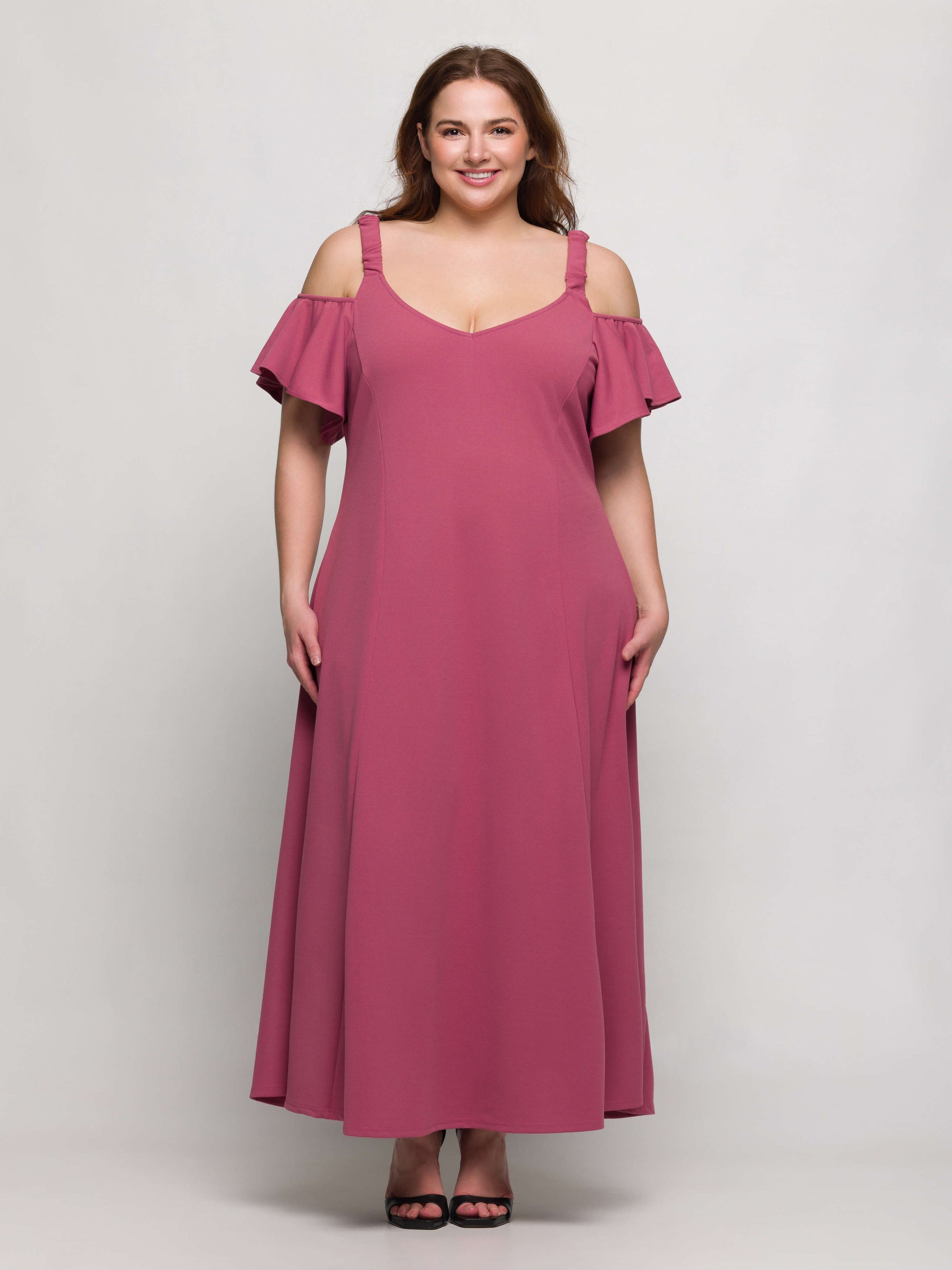 24seven Comfort Apparel Plus Size Cold Sholder Ruffle Sleeve A Line Maxi Dress