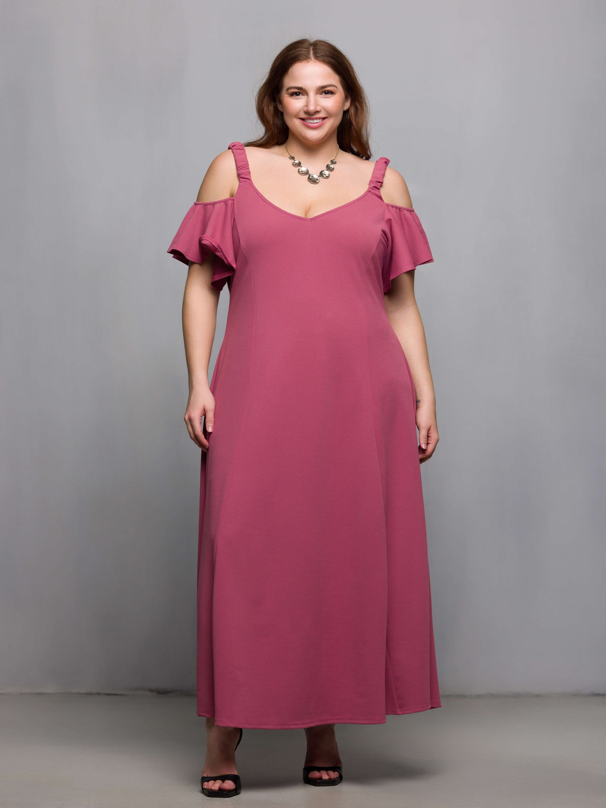24seven Comfort Apparel Plus Size Cold Sholder Ruffle Sleeve A Line Maxi Dress