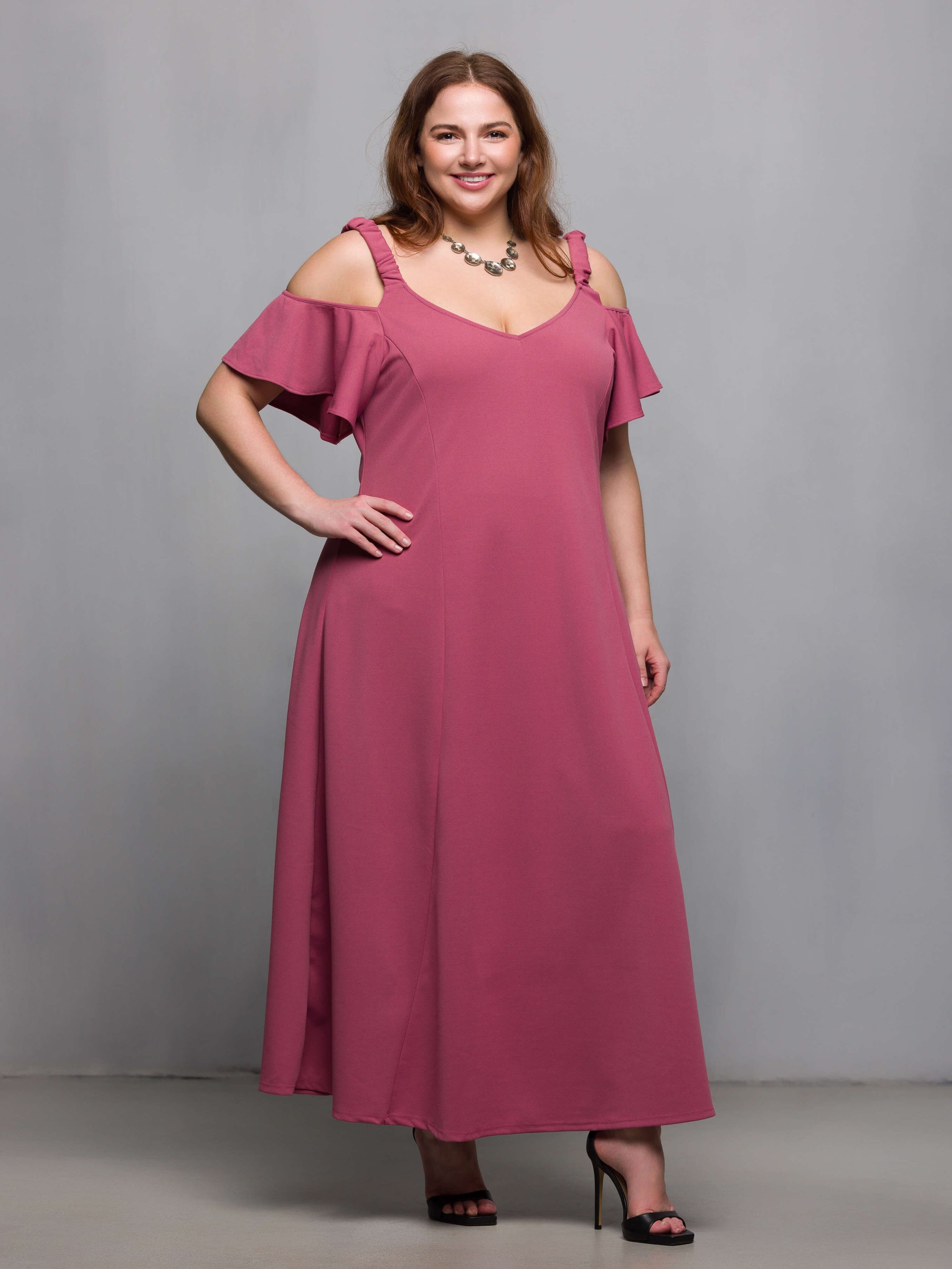 24seven Comfort Apparel Plus Size Cold Sholder Ruffle Sleeve A Line Maxi Dress