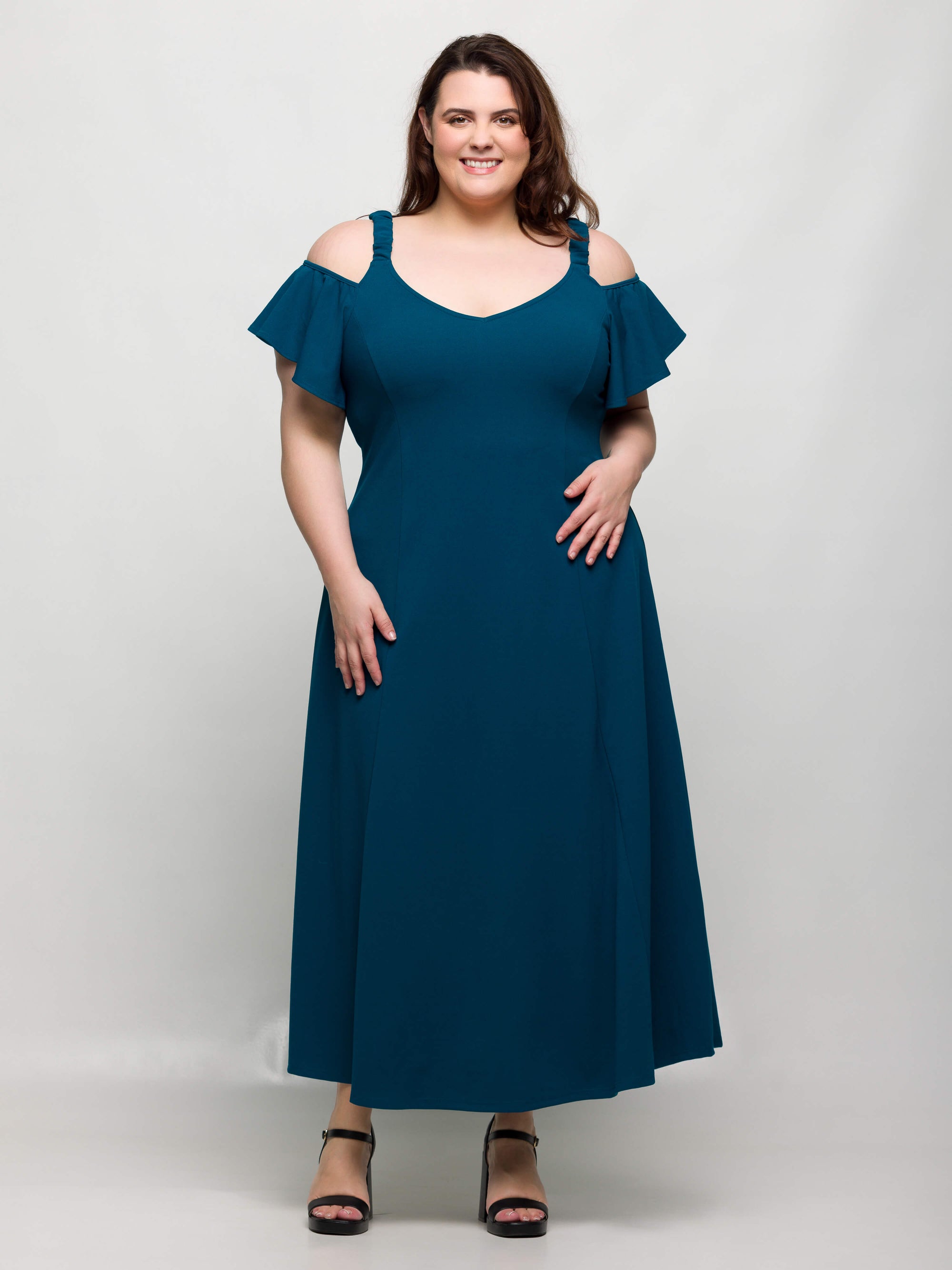 24seven Comfort Apparel Plus Size Cold Sholder Ruffle Sleeve A Line Maxi Dress