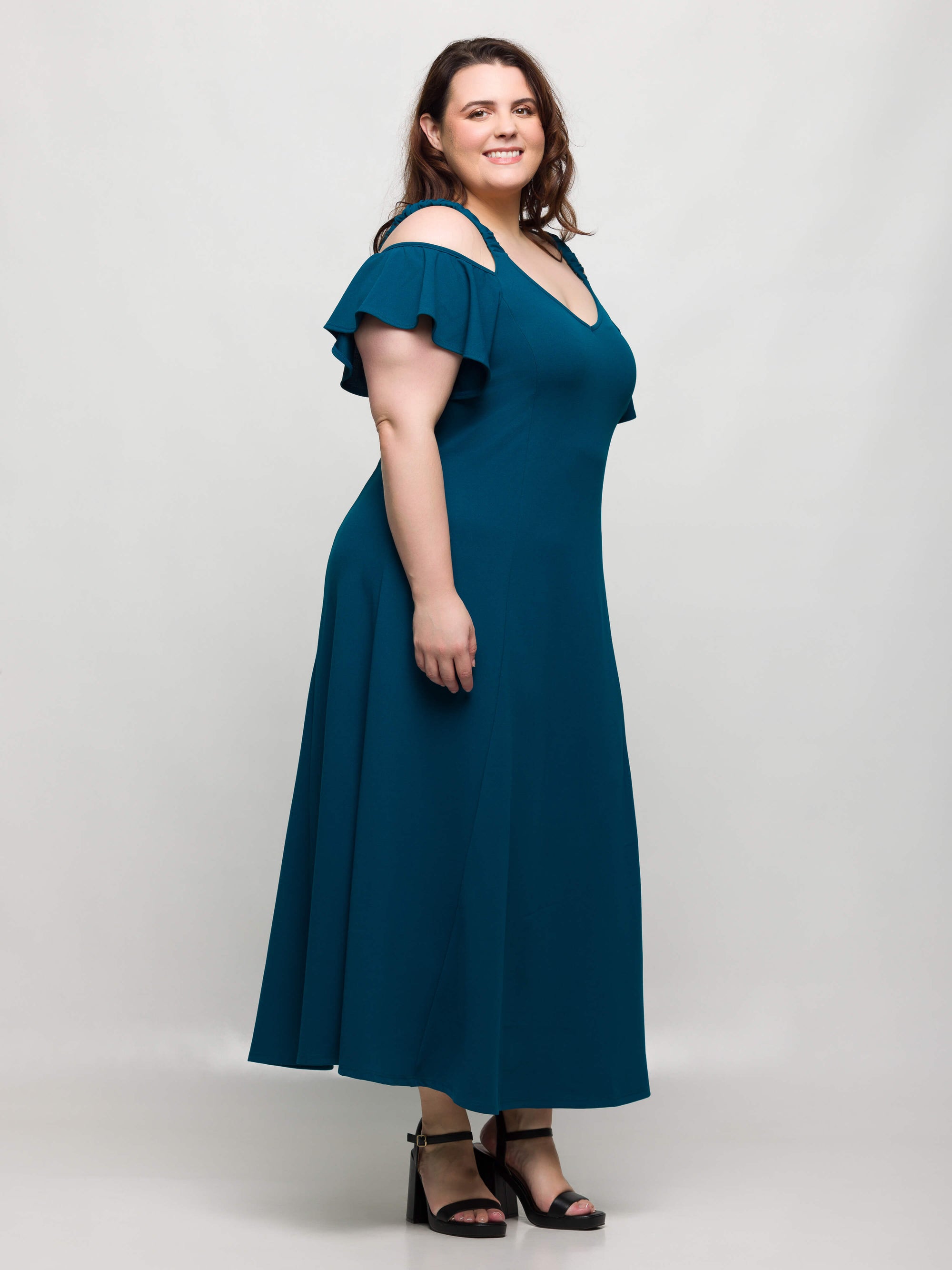 24seven Comfort Apparel Plus Size Cold Sholder Ruffle Sleeve A Line Maxi Dress