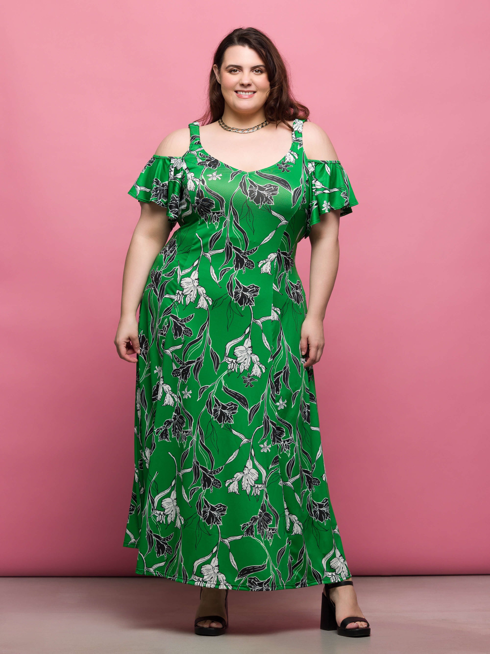24seven Comfort Apparel Plus Size Green Floral Cold Sholder Ruffle Sleeve A Line Maxi Dress