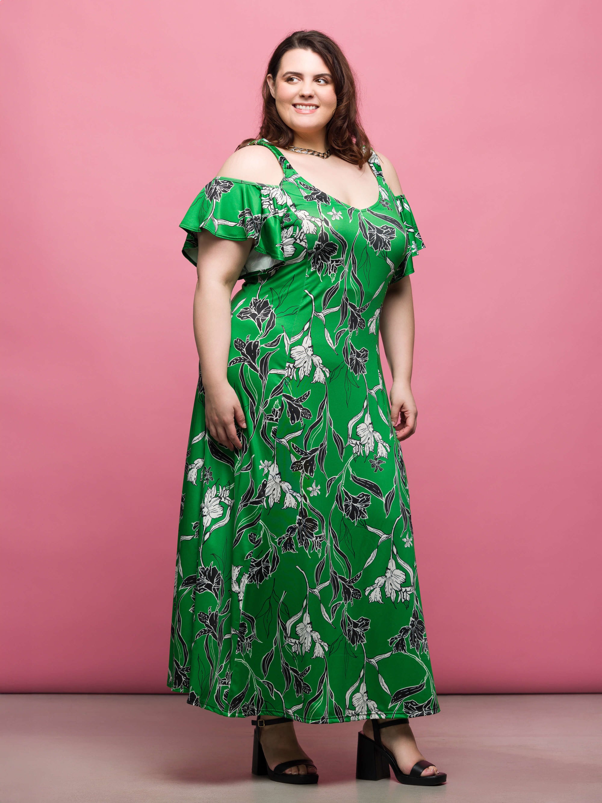 24seven Comfort Apparel Plus Size Green Floral Cold Sholder Ruffle Sleeve A Line Maxi Dress