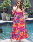 24seven Comfort Apparel Plus Size Pink Paisley Cold Sholder Ruffle Sleeve A Line Maxi Dress