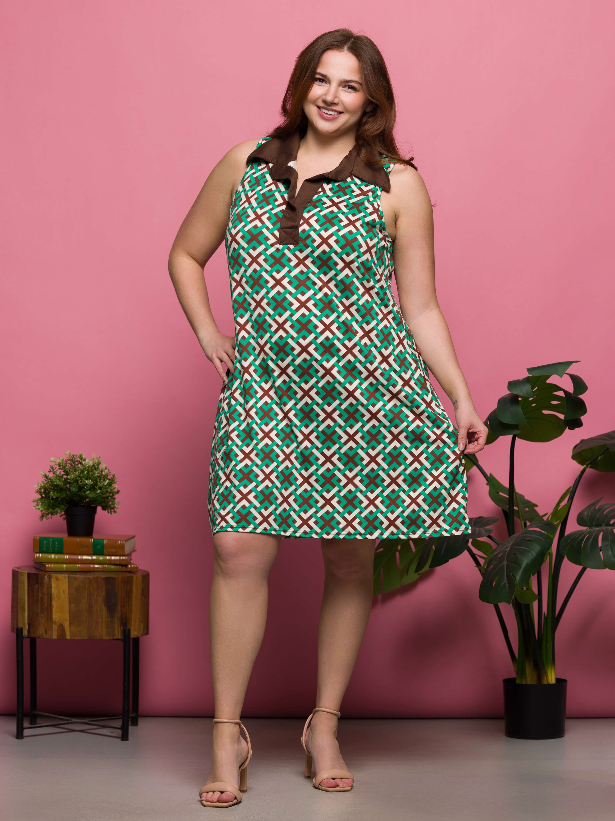 24seven Comfort Apparel Plus Size Brown and Green Sleeveless Collared Mini Dress