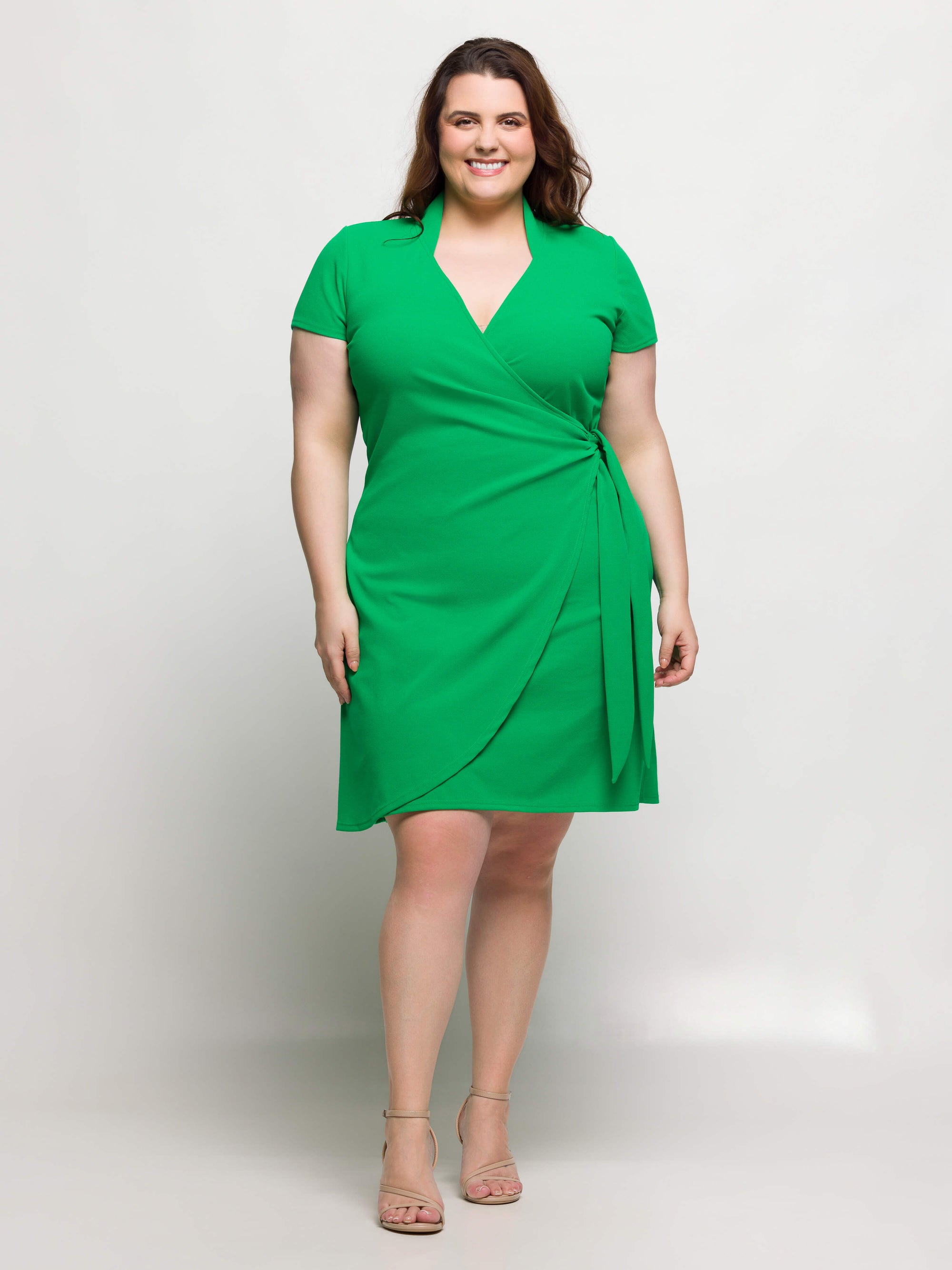 24seven Comfort Apparel Plus Size Mandarin Collar Knee Length Wrap Dress