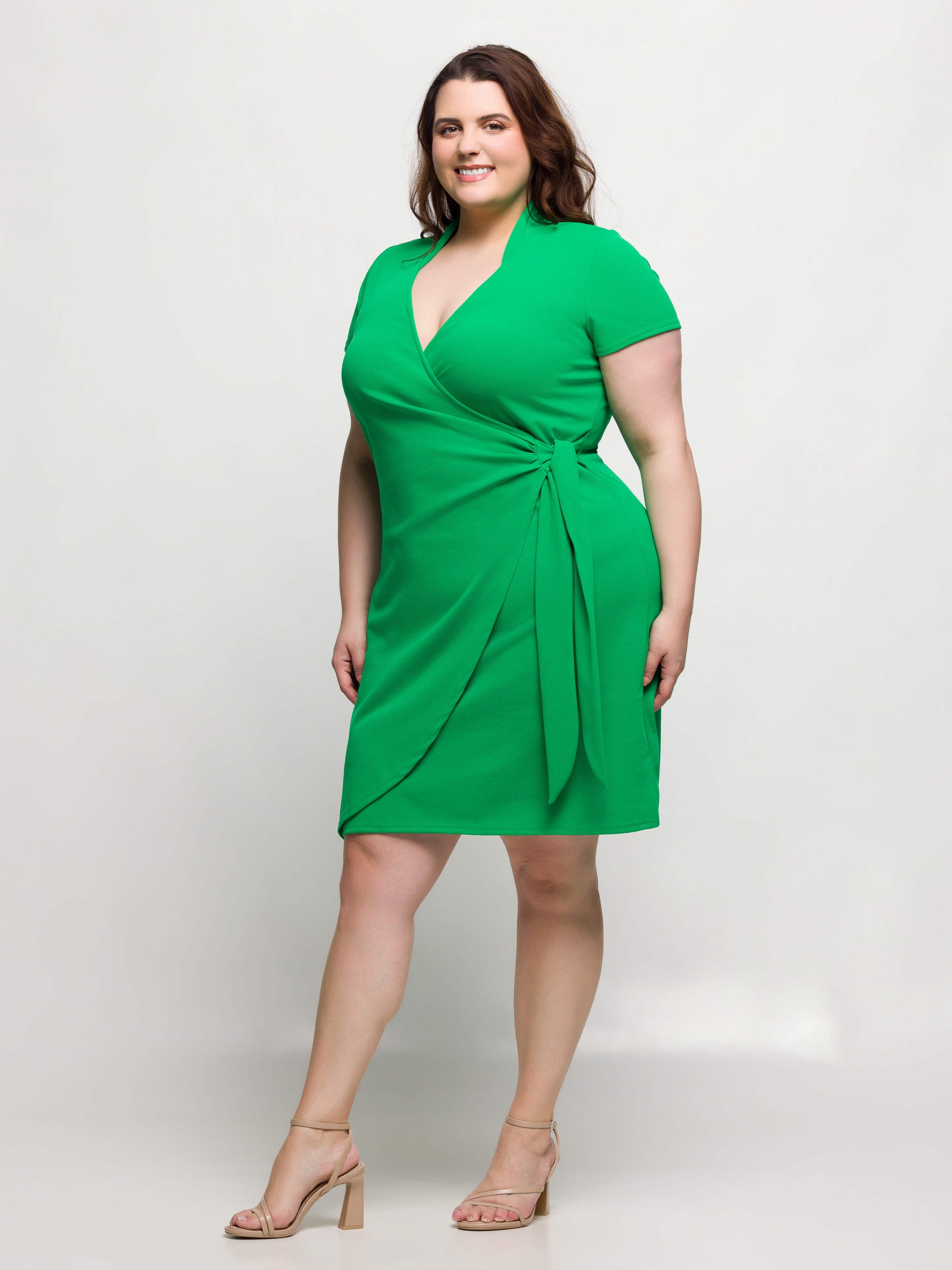 24seven Comfort Apparel Plus Size Mandarin Collar Knee Length Wrap Dress