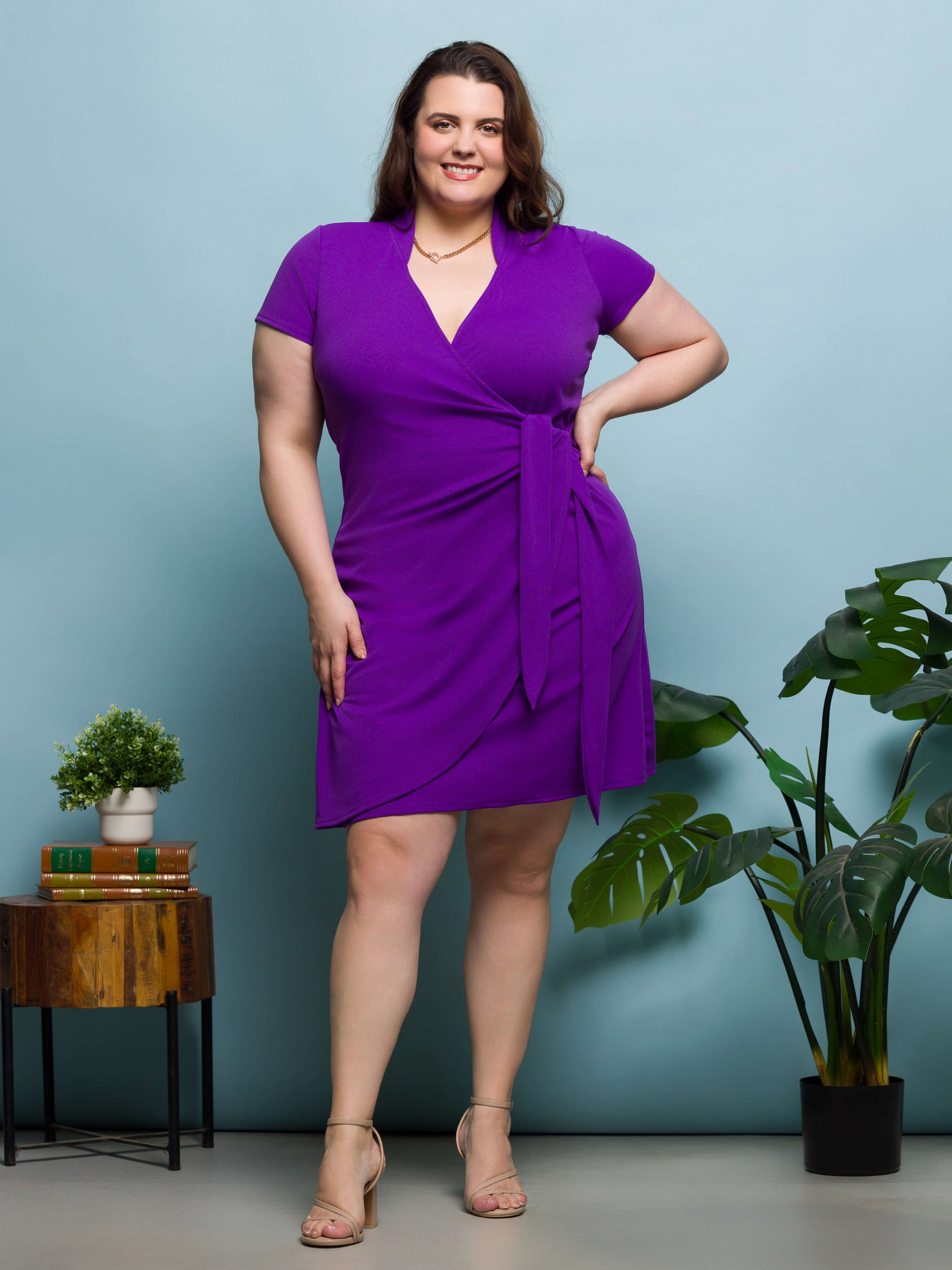 24seven Comfort Apparel Plus Size Mandarin Collar Knee Length Wrap Dress