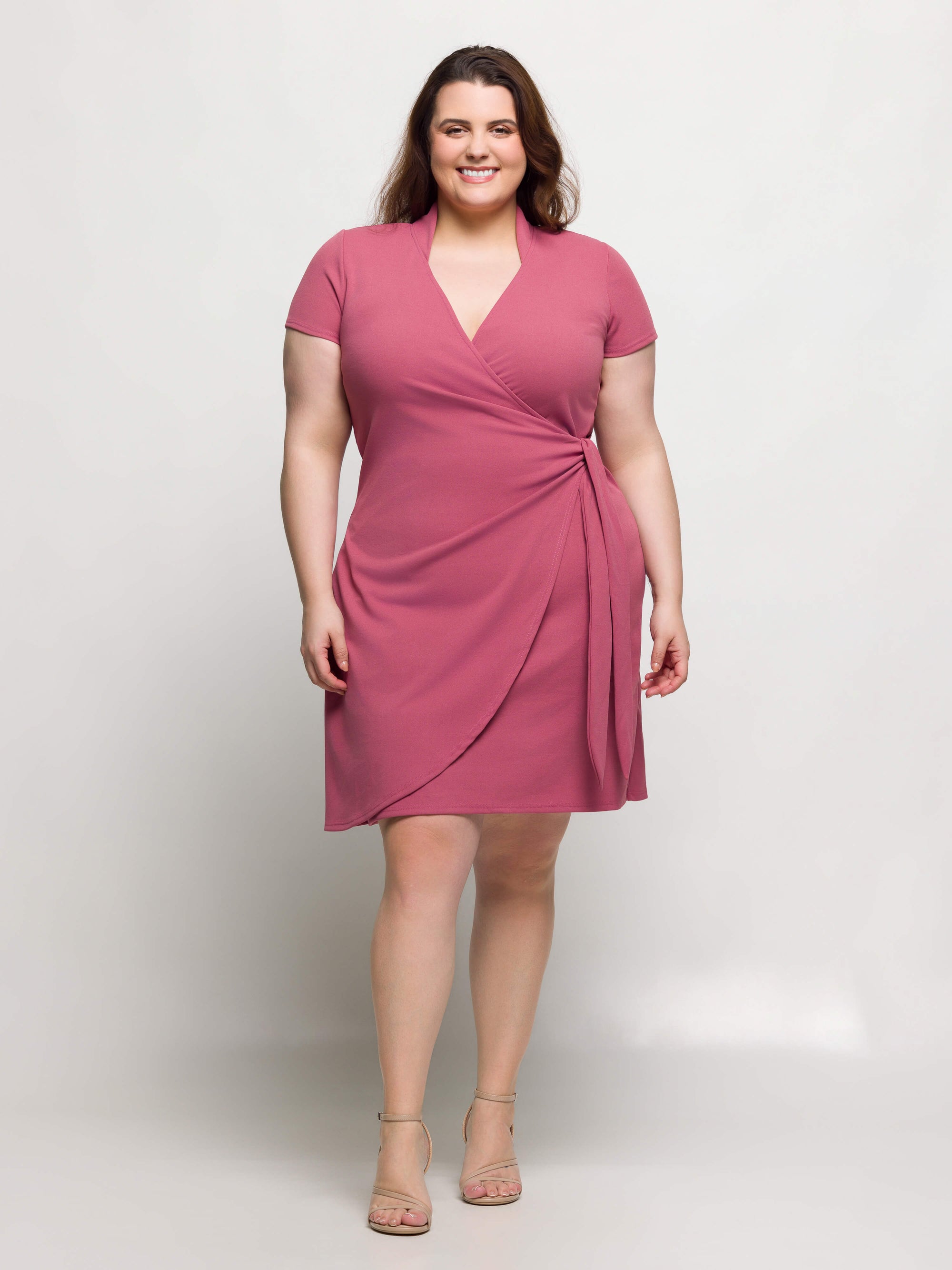 24seven Comfort Apparel Plus Size Mandarin Collar Knee Length Wrap Dress