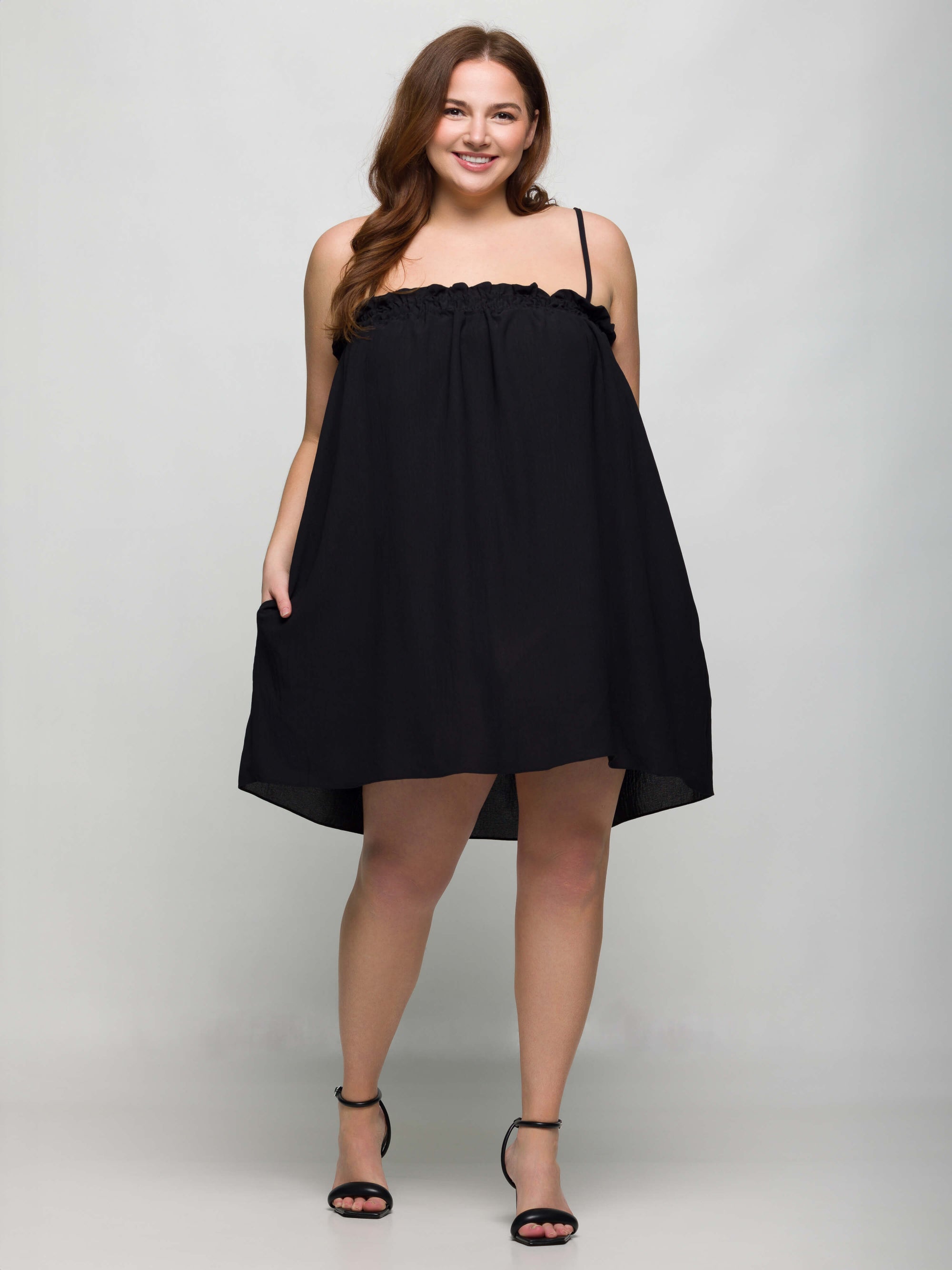 24seven Comfort Apparel Plus Size Square Neck Spaghetti Strap Smocked Pocket Mini Dress