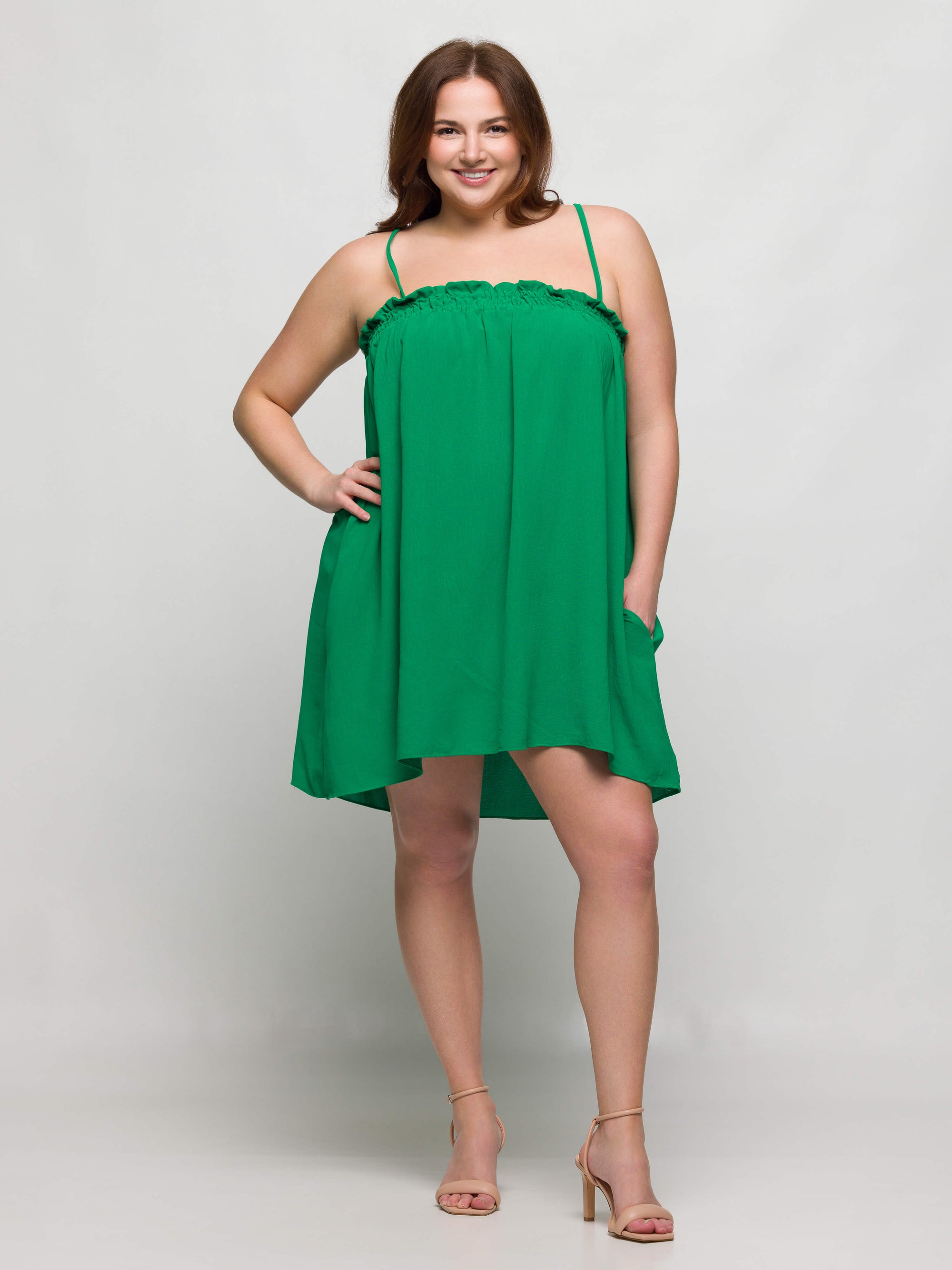 24seven Comfort Apparel Plus Size Square Neck Spaghetti Strap Smocked Pocket Mini Dress