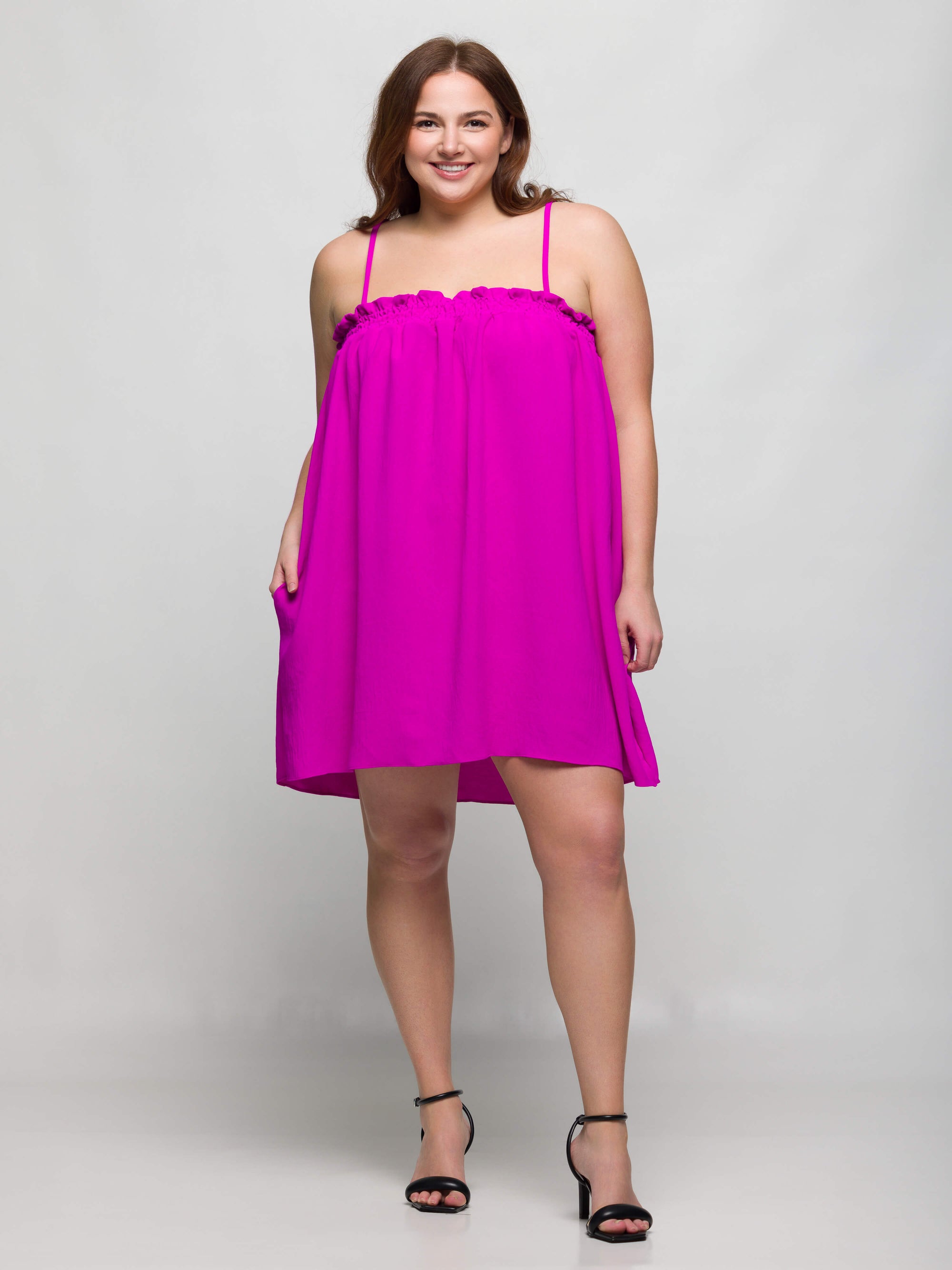 24seven Comfort Apparel Plus Size Square Neck Spaghetti Strap Smocked Pocket Mini Dress
