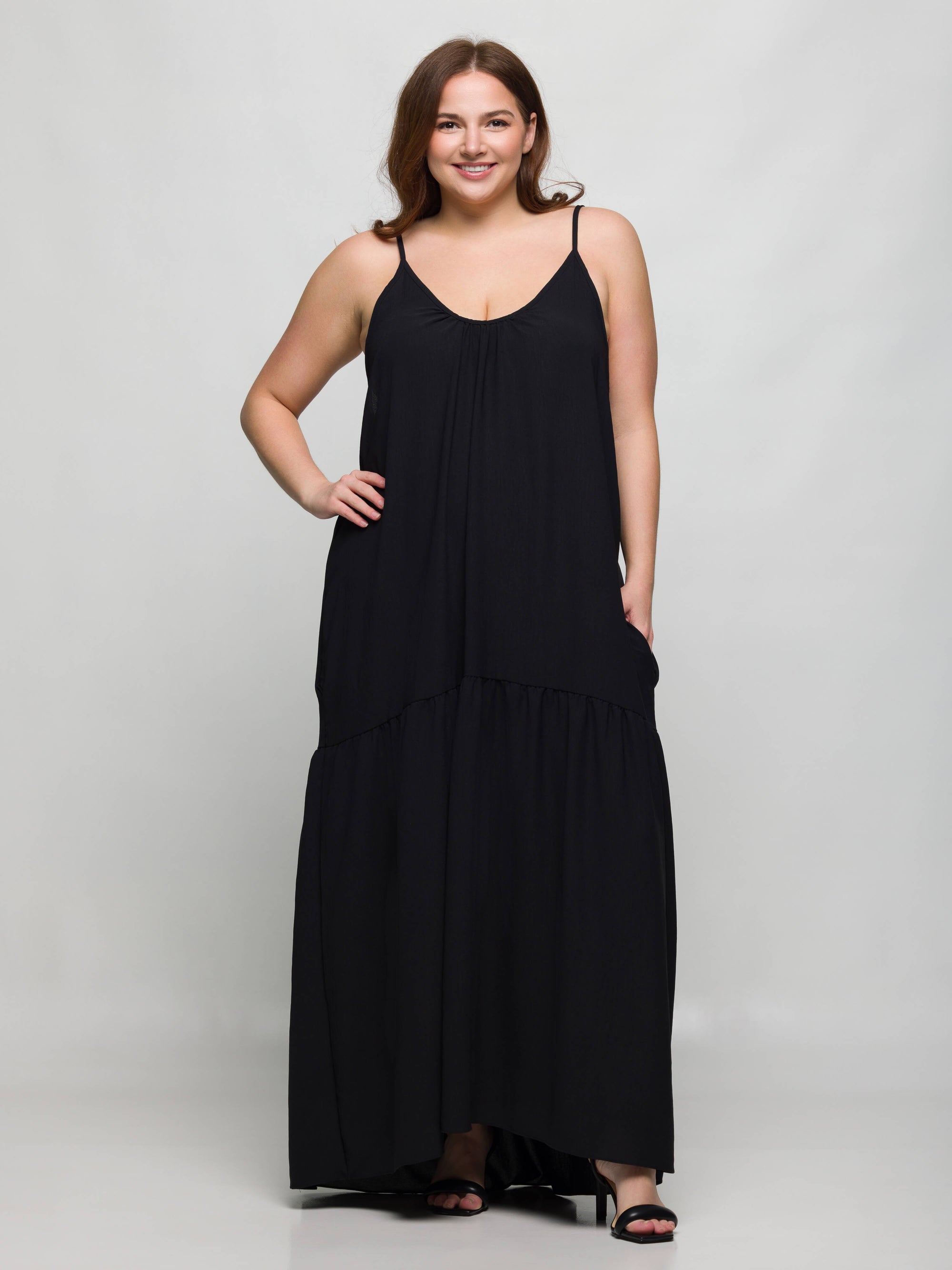 24seven Comfort Apparel Plus Size Lightweight Spaghetti Strap Pocket Maxi Dress