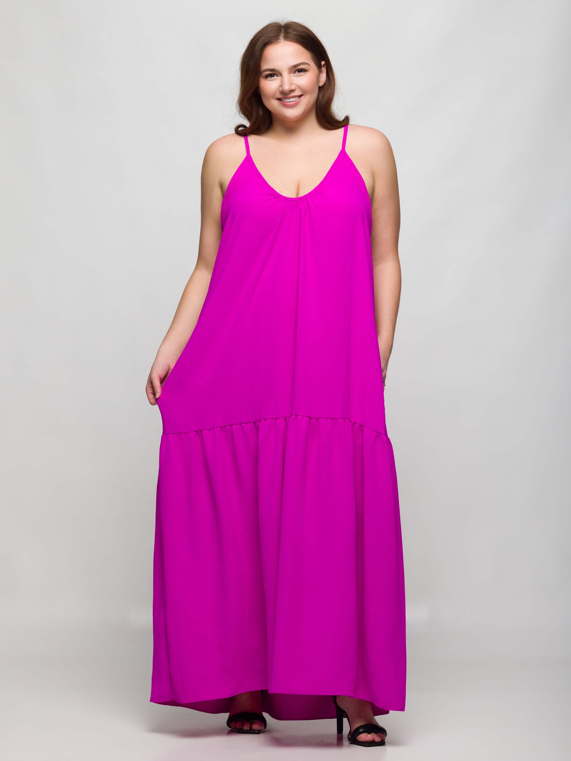 24seven Comfort Apparel Plus Size Lightweight Spaghetti Strap Pocket Maxi Dress