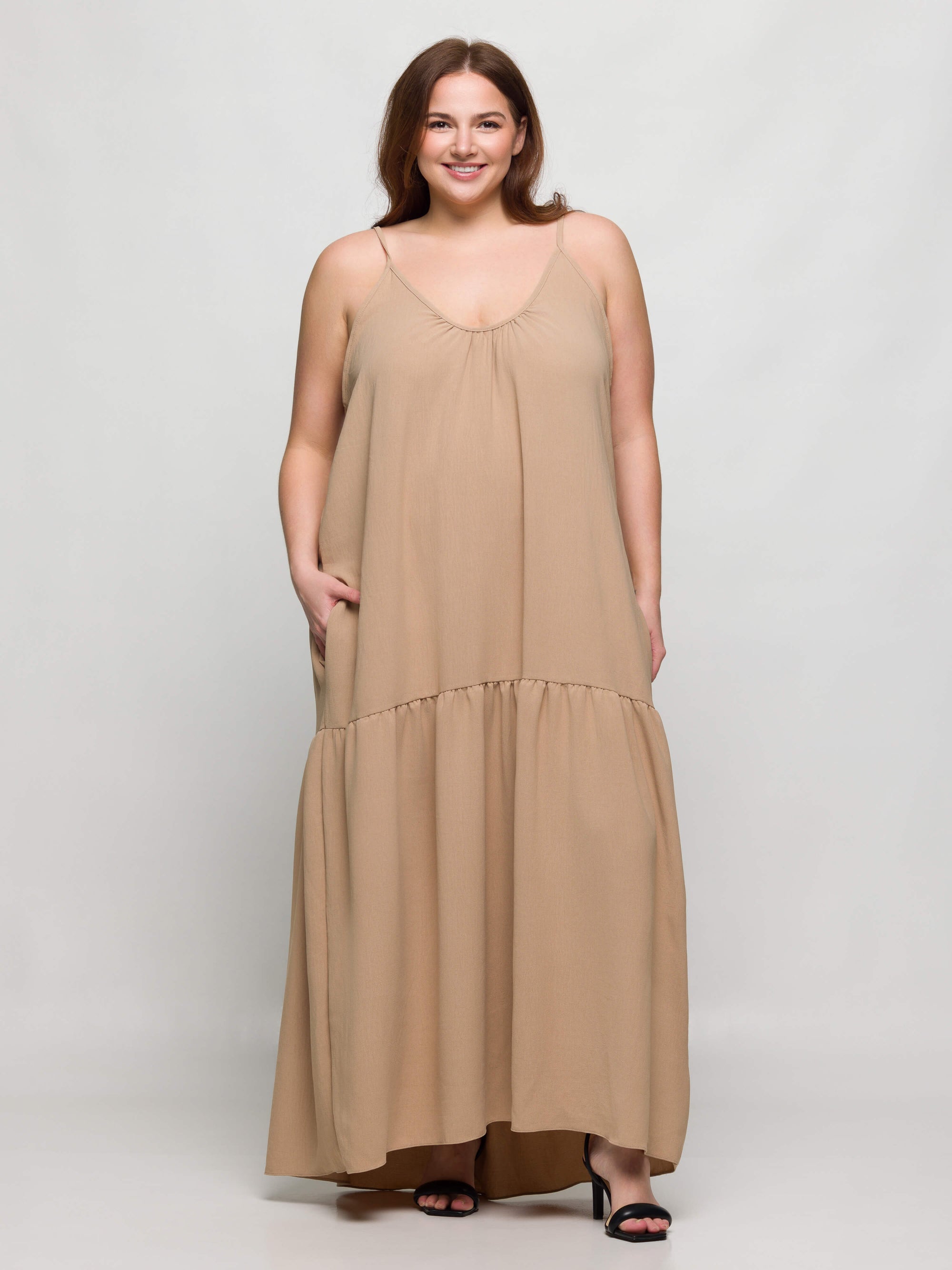 24seven Comfort Apparel Plus Size Lightweight Spaghetti Strap Pocket Maxi Dress