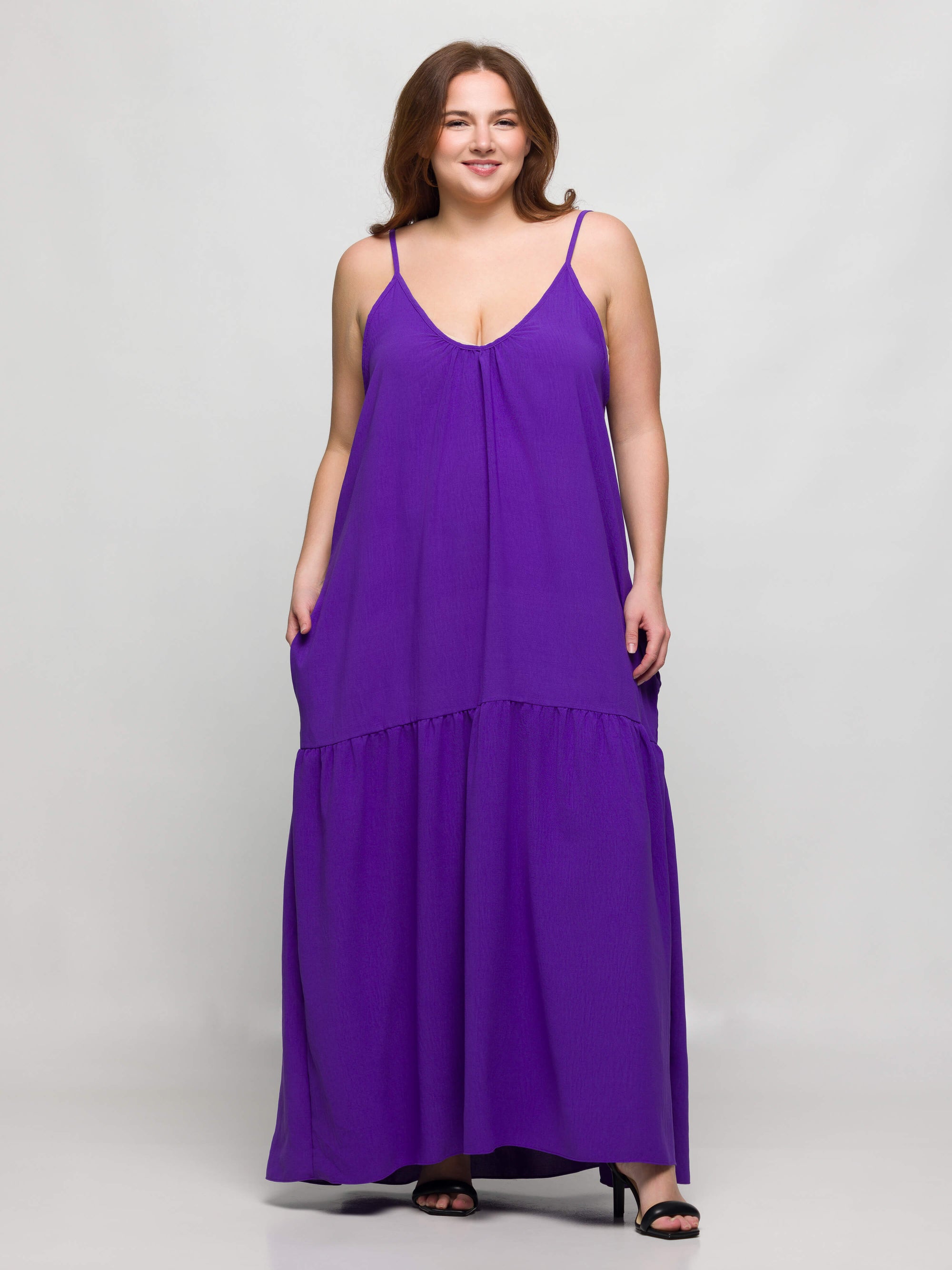 24seven Comfort Apparel Plus Size Lightweight Spaghetti Strap Pocket Maxi Dress
