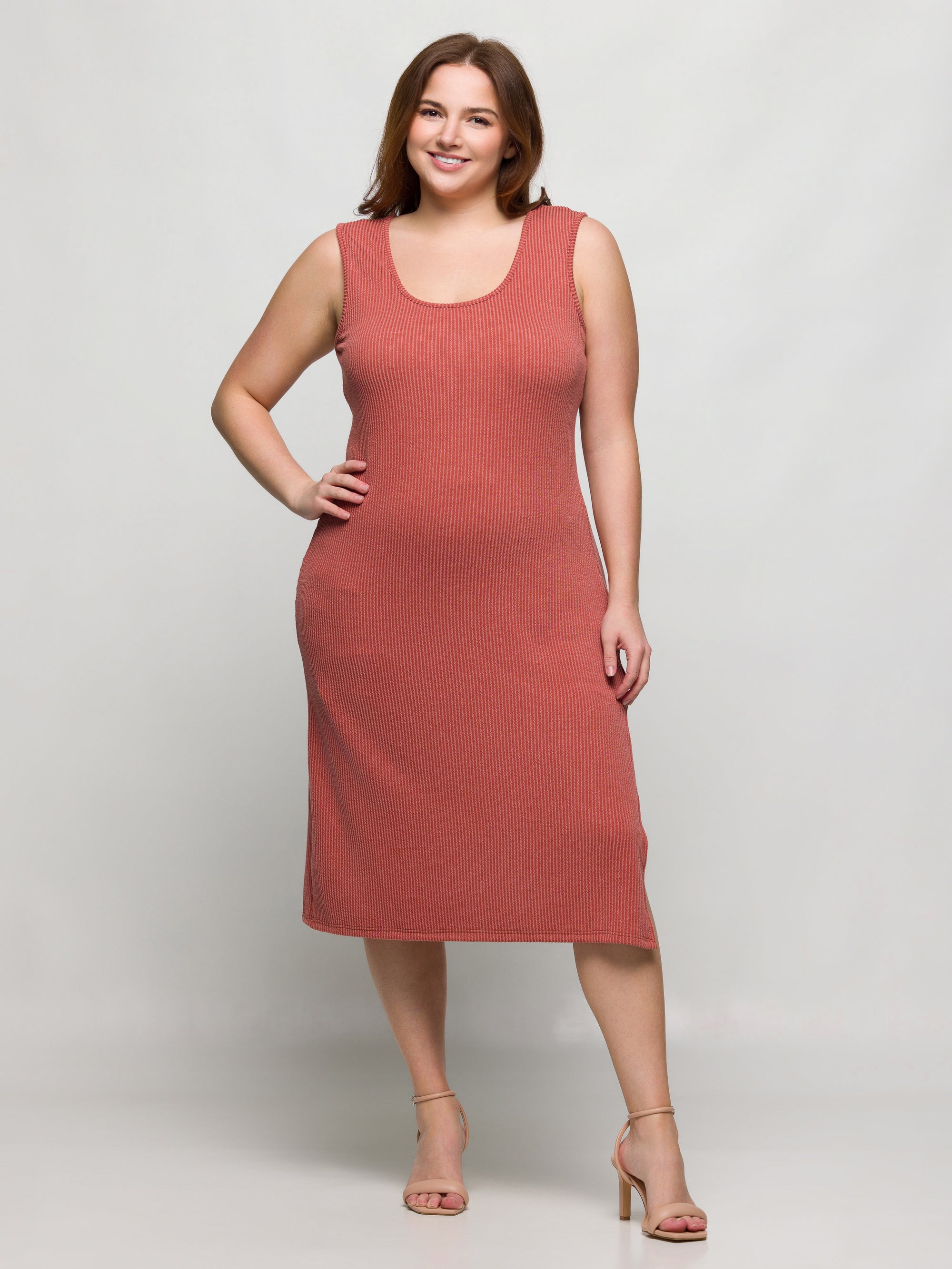 24seven Comfort Apparel Plus Size Fitted Sleeveless Side Slit Midi Dress