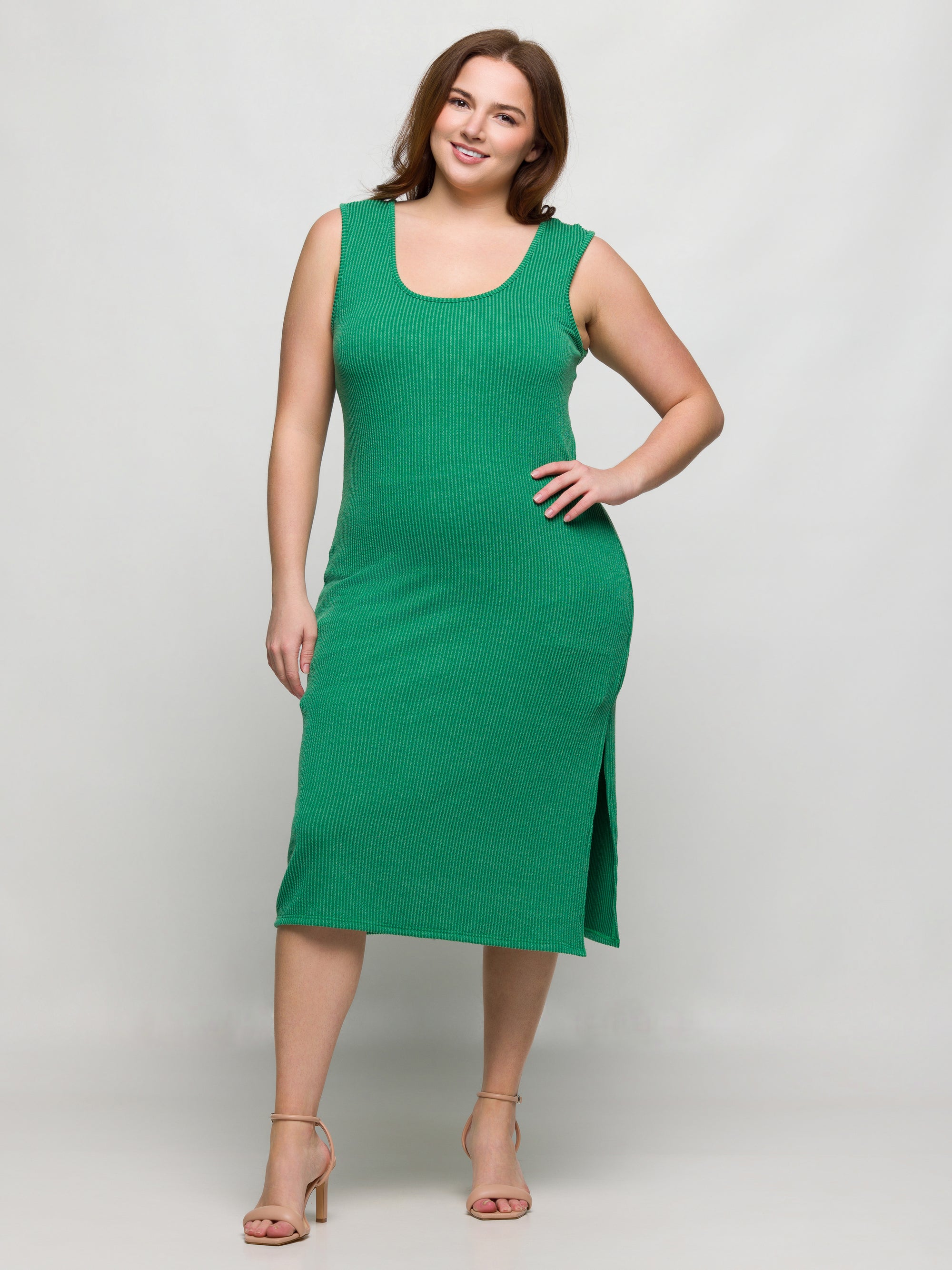 24seven Comfort Apparel Plus Size Fitted Sleeveless Side Slit Midi Dress