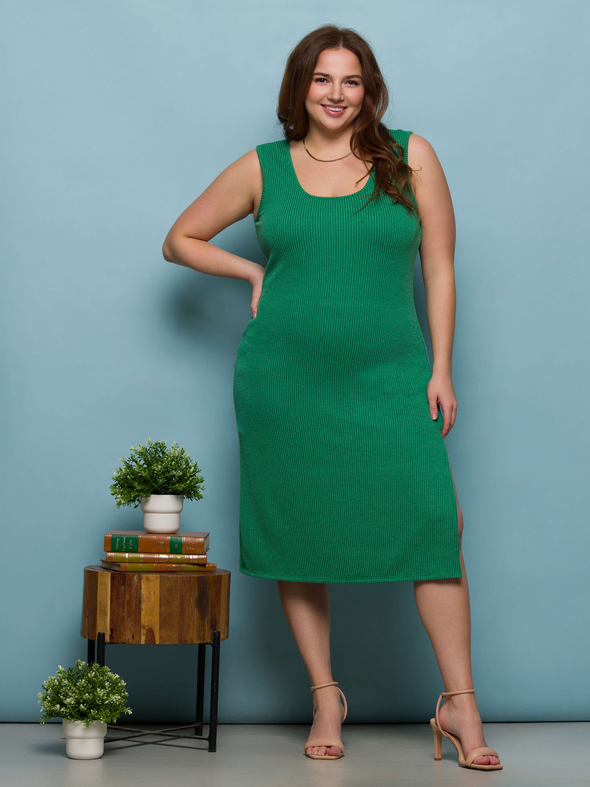 24seven Comfort Apparel Plus Size Fitted Sleeveless Side Slit Midi Dress