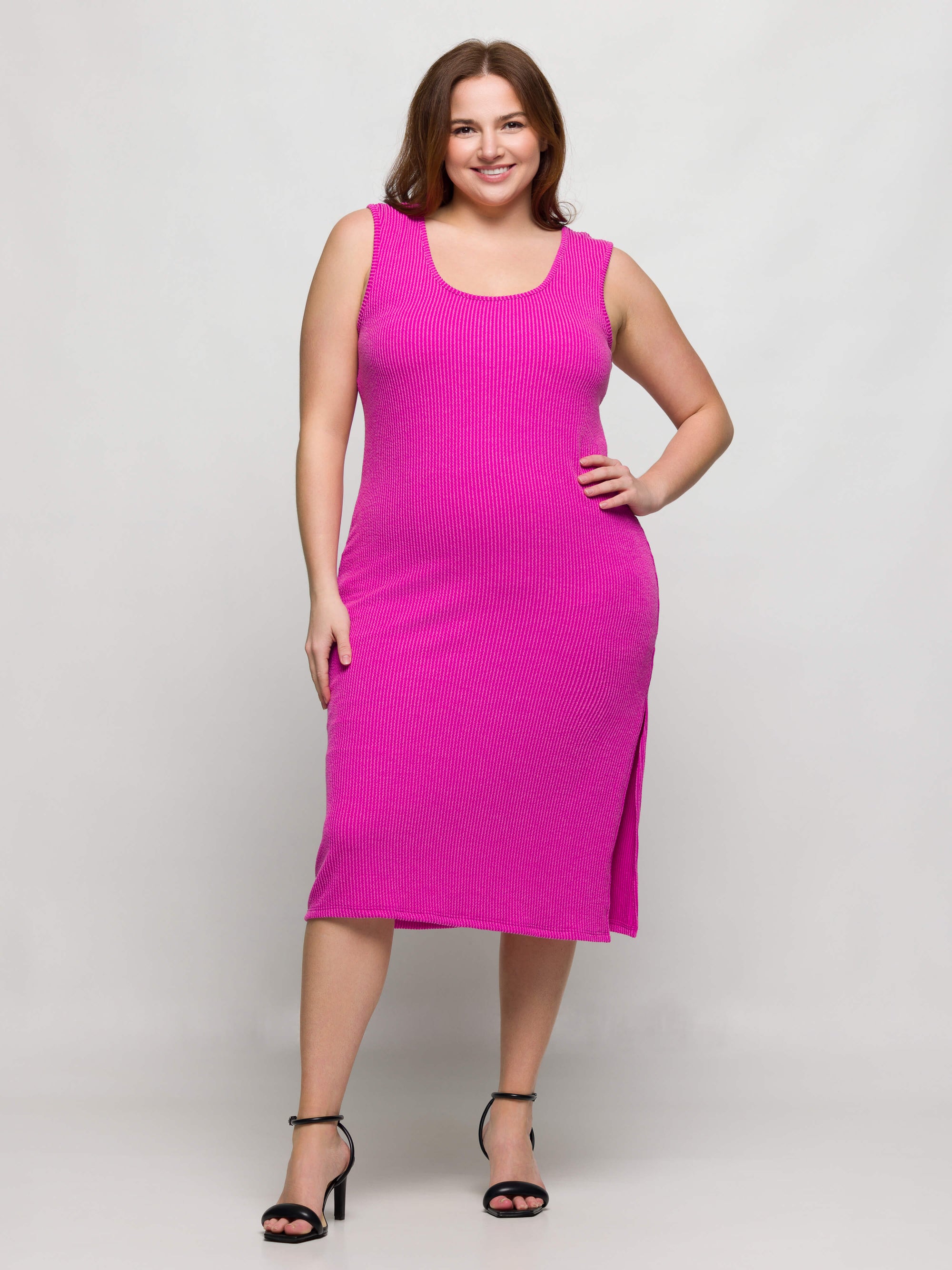 24seven Comfort Apparel Plus Size Fitted Sleeveless Side Slit Midi Dress