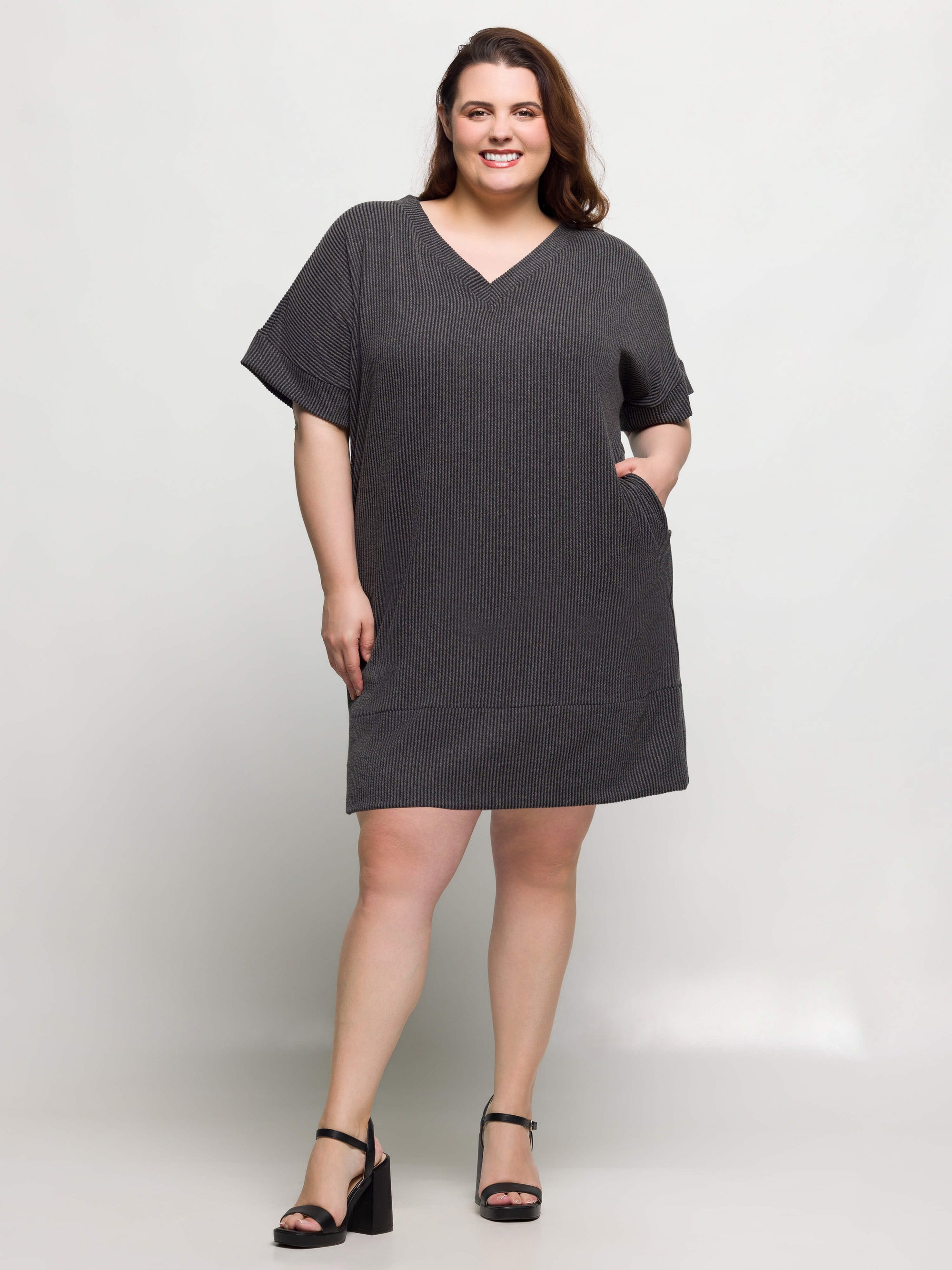 24seven Comfort Apparel Plus Size V Neck Loose Fit Short Sleeve Pocket T Shirt Dress