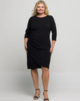 24seven Comfort Apparel Plus Size Three Quarter Sleeve Ruched Tulip Hem Mini Dress