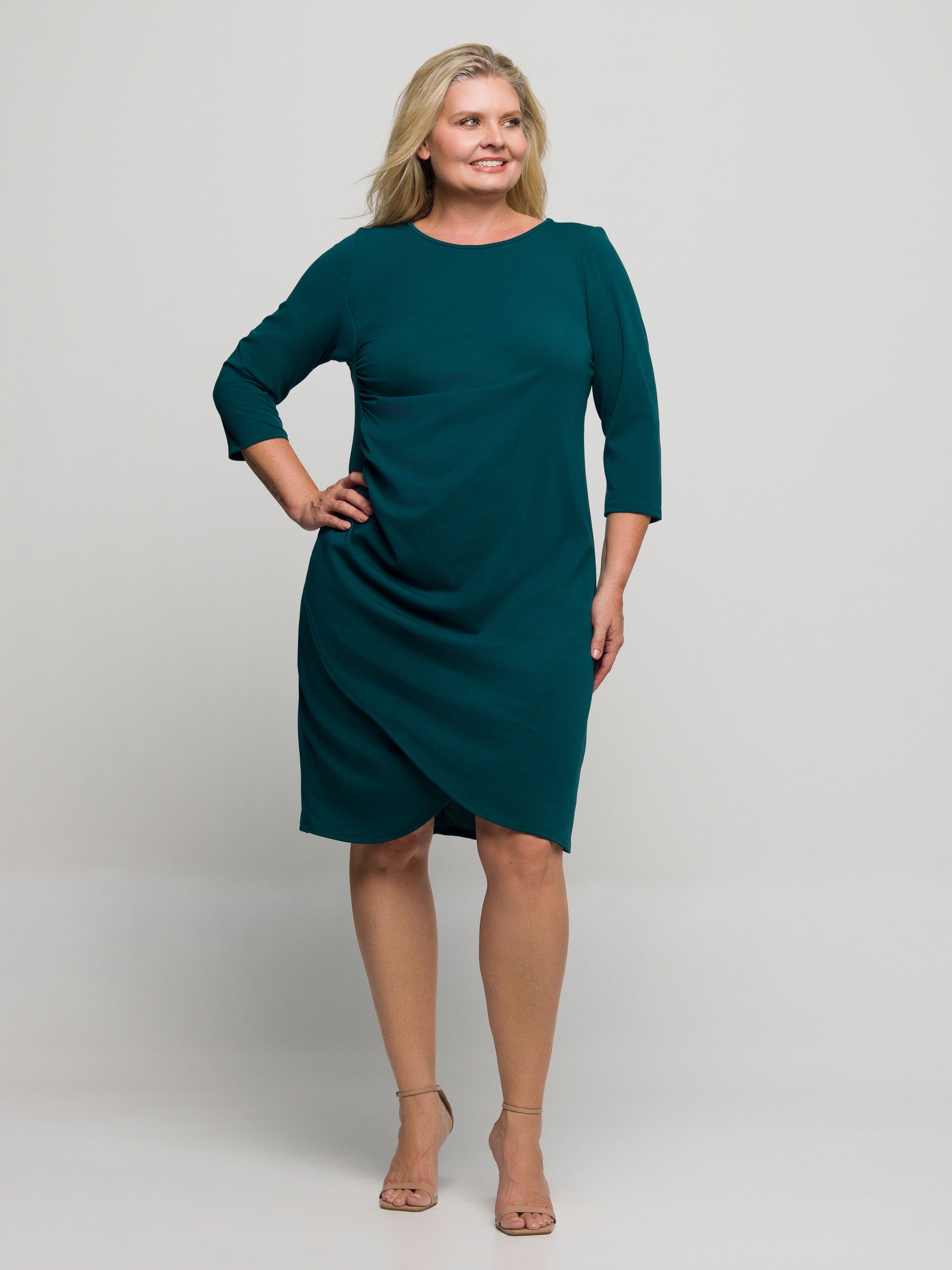 24seven Comfort Apparel Plus Size Three Quarter Sleeve Ruched Tulip Hem Mini Dress