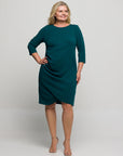 24seven Comfort Apparel Plus Size Three Quarter Sleeve Ruched Tulip Hem Mini Dress