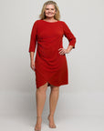 24seven Comfort Apparel Plus Size Three Quarter Sleeve Ruched Tulip Hem Mini Dress