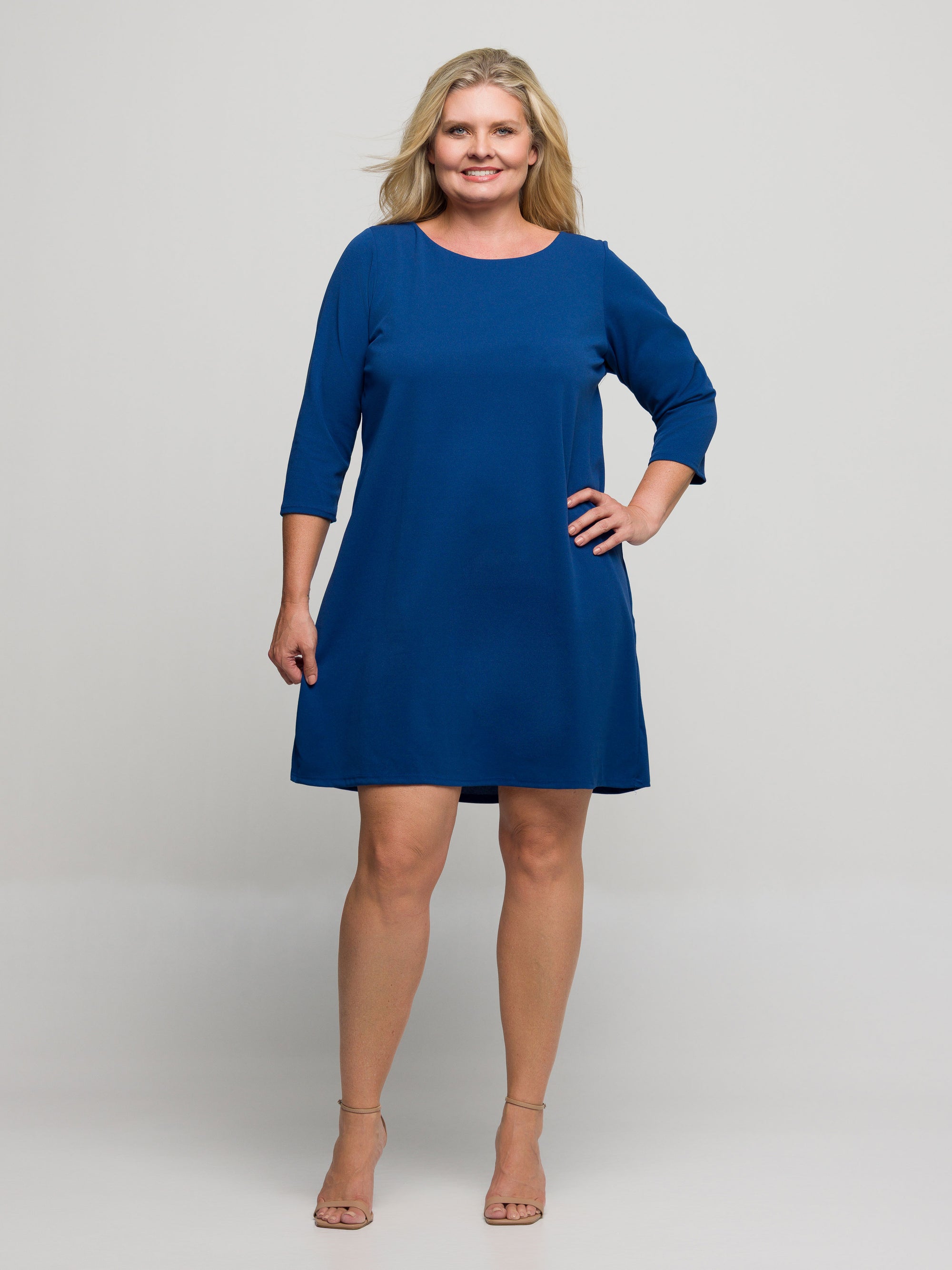 24seven Comfort Apparel Plus Size Three Quarter Sleeve A Line Knee Length Dress