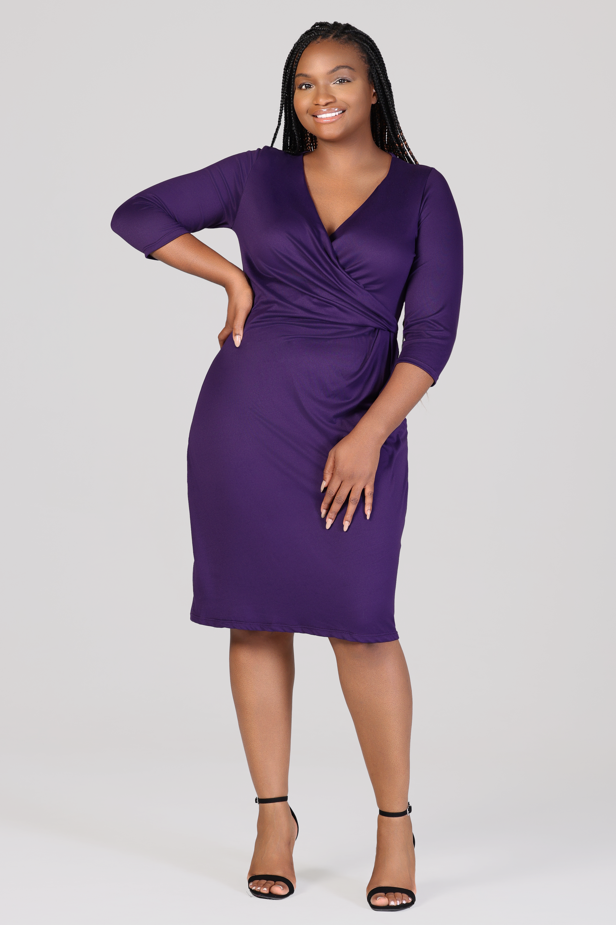 Knee Length V Neck Plus Size Wrap Dress