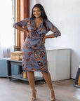 Plus Size Grey Print Three Quarter Sleeve Faux Wrap Dress