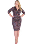 Fall Print Knee Length Faux Wrap Plus Size Dress