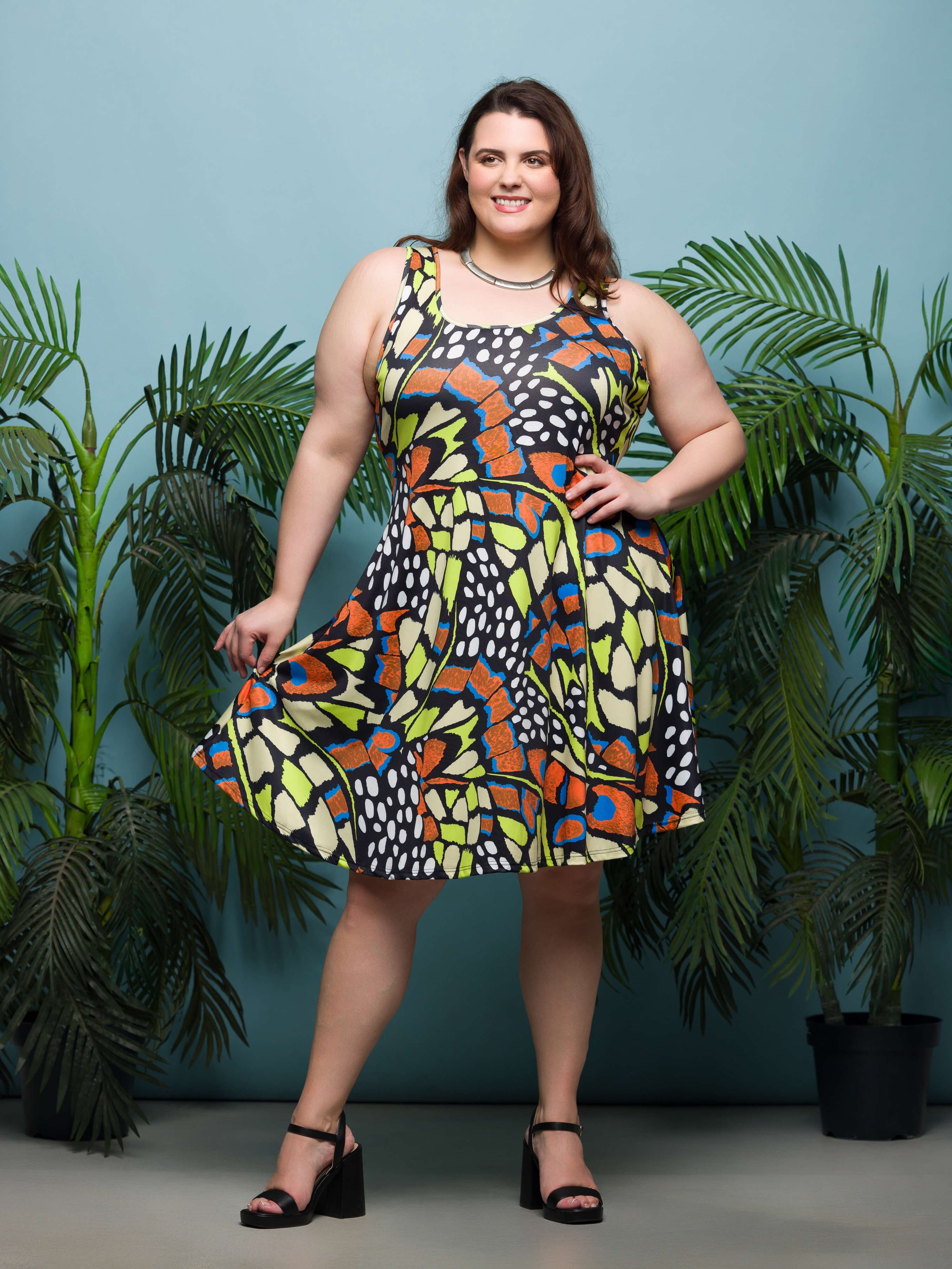 24seven Comfort Apparel Plus Size Butterfly Print Sleeveless Knee Length Tank Swing Dress