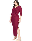 Fitted V-Neck Side Slit Plus Size Maxi Dress