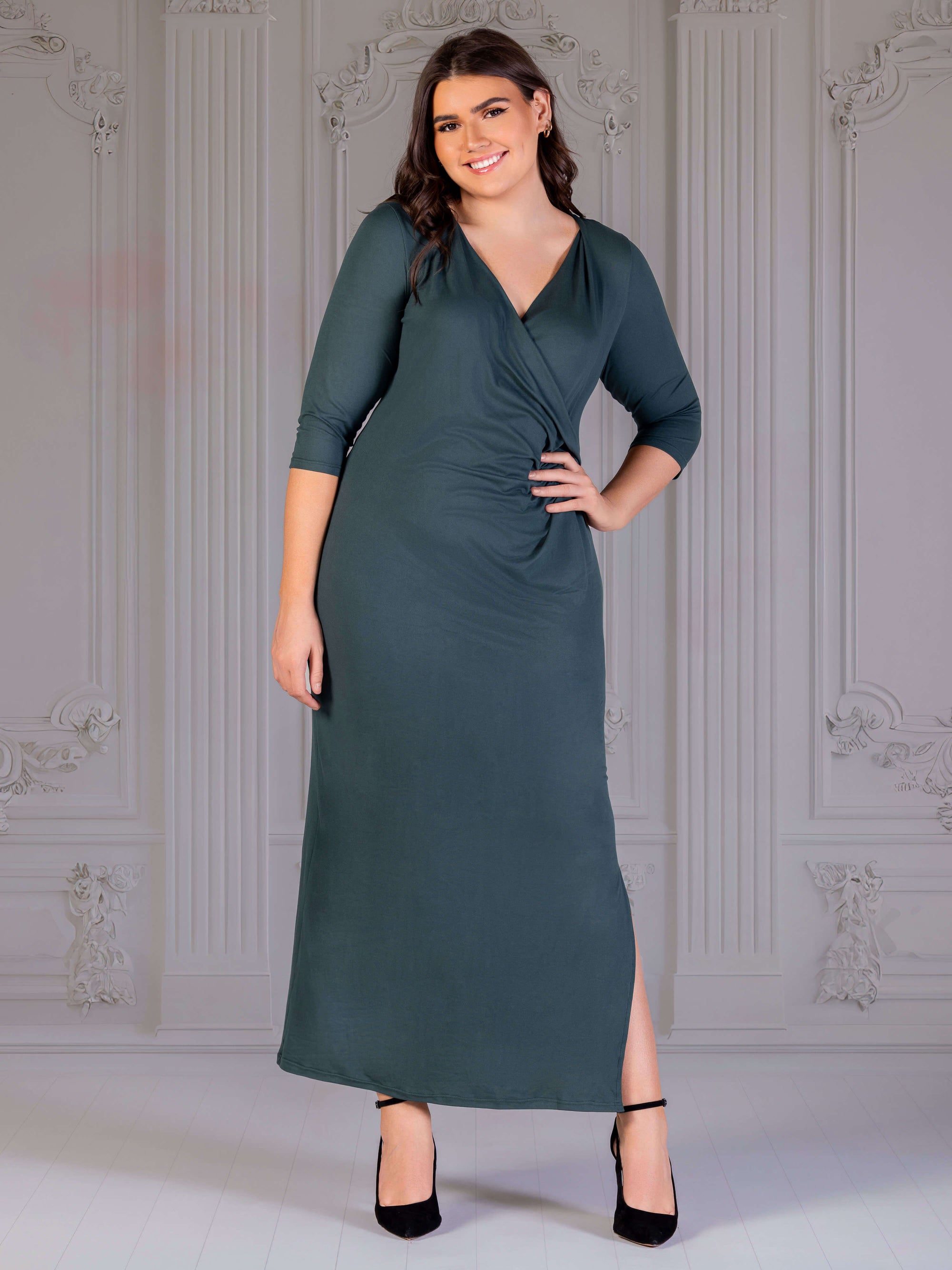 Fitted V-Neck Side Slit Plus Size Maxi Dress